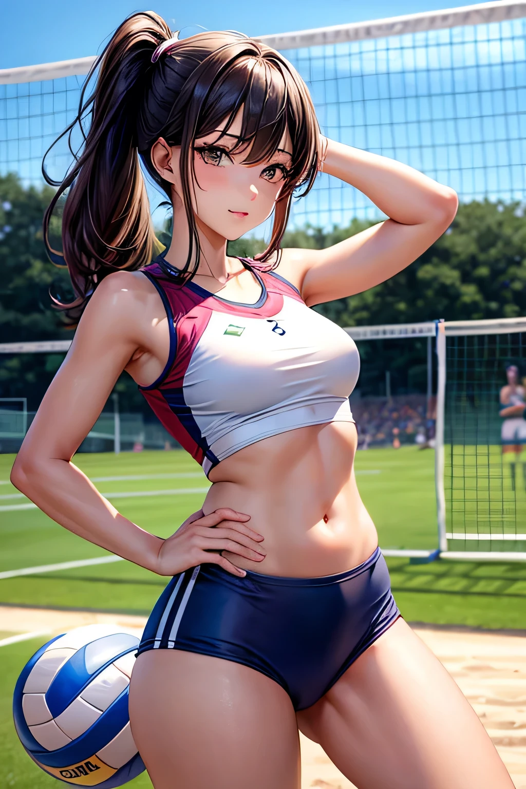 sexy girl in sport volleyball outfit with small breasts and