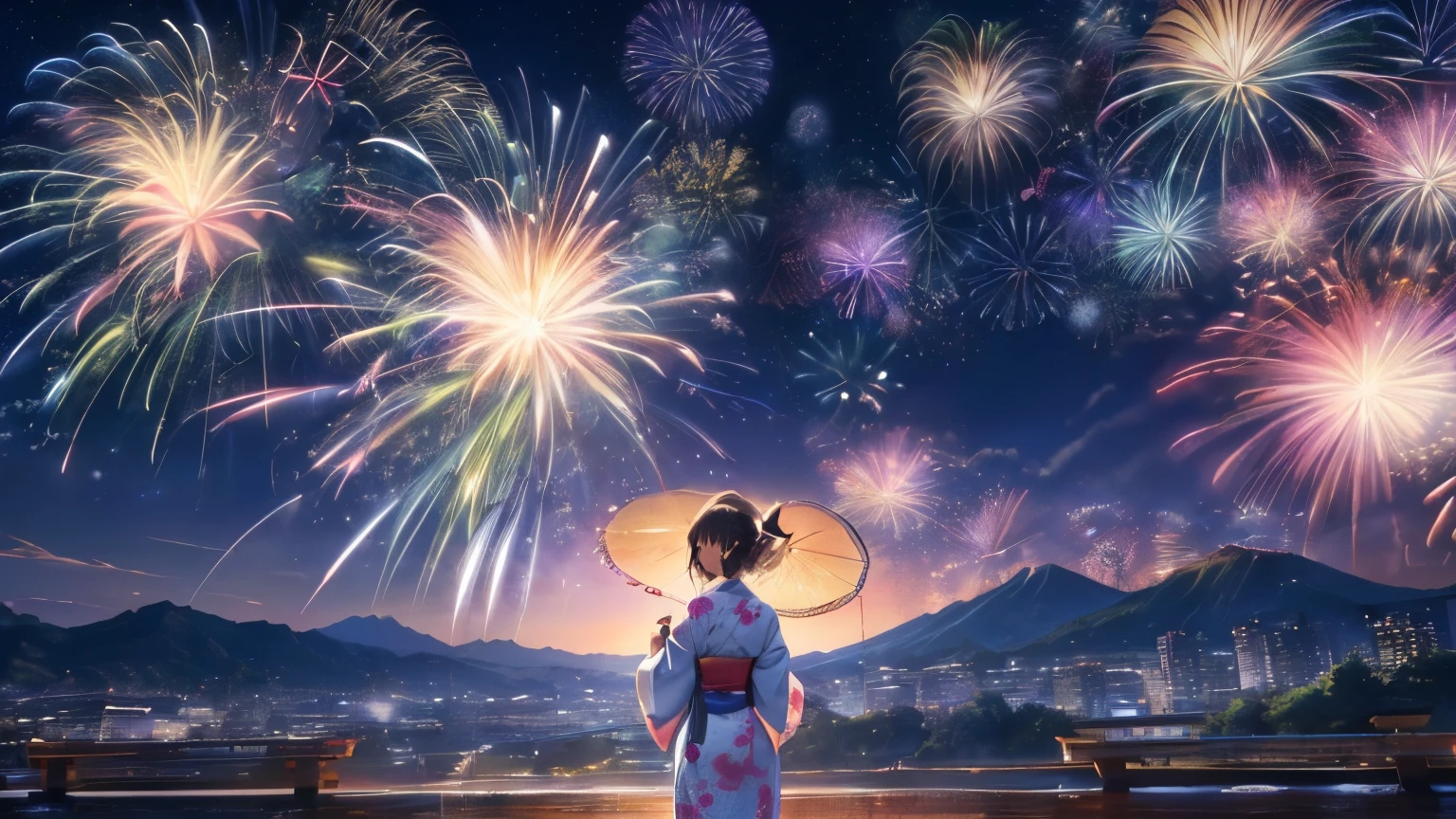 Beautiful Japan girl yukata、(Fireworks bursting into the vast night sky),(Highest quality、8K、32k、masterpiece、Hmph:1.3)、(Photorealistic:1.4)、Raw photo、Light Smile、hair ornaments,Active Pause、Soaring、the glow of the fireworks、Depth of written boundary、Lens flare、Accurate hands