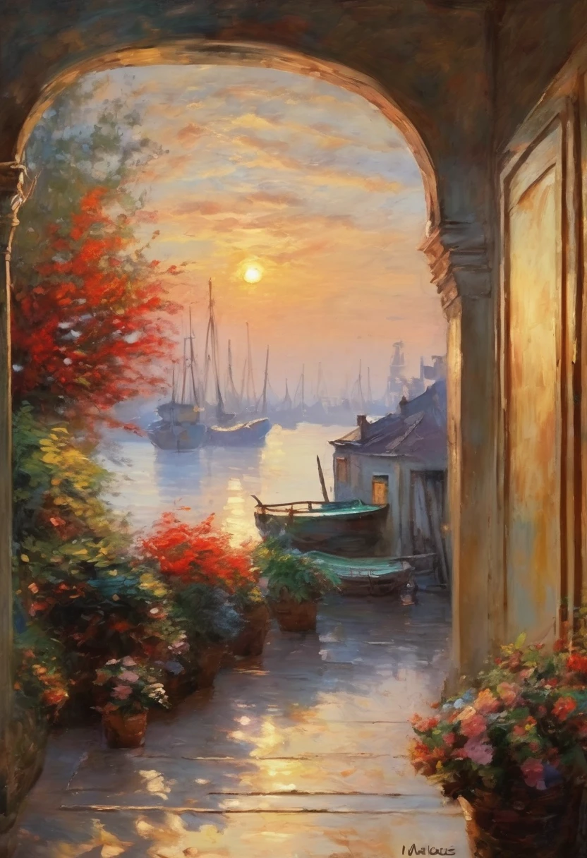 Cozy rooms, Big oil on the wall, Painter of Light, (((Monet's paintings, Impressionist painting:1.2, oil, Harbour sunrise scenery:0.9, The sea is depicted with bold, improvised brushstrokes、A distant view of the port, completely shrouded in mist, The rising red sun is the accent, A painting that exudes a sense of tranquility with its soft colors and gentle brushstrokes.:1.6))、The focus of the image is on impression、The painting itself is a masterpiece、Impeccable writing、Bold brushstrokes、Impressionist feeling, The mysterious beauty of that moment, The wall on which the painting hangs is decorated with an elegant frame.、Enhances the overall aesthetic appeal。Warm lighting、The elegant combination of rooms creates an enchanting atmosphere.、It invites the viewer to immerse themselves in the serenity and beauty of the depicted moment.。The image is、To truly capture the essence of the painting and its surroundings、Top quality with high resolution and ultra-detailed rendering。The art style is、Emphasis on realistic and photorealistic expression、Reflecting traditional oil techniques。The colors are warm and inviting、Highlight the rich colors of the sunset、Infuse a room with a warm glow。Lighting、Make your painting stand out、Add depth and dimension to the entire scene。