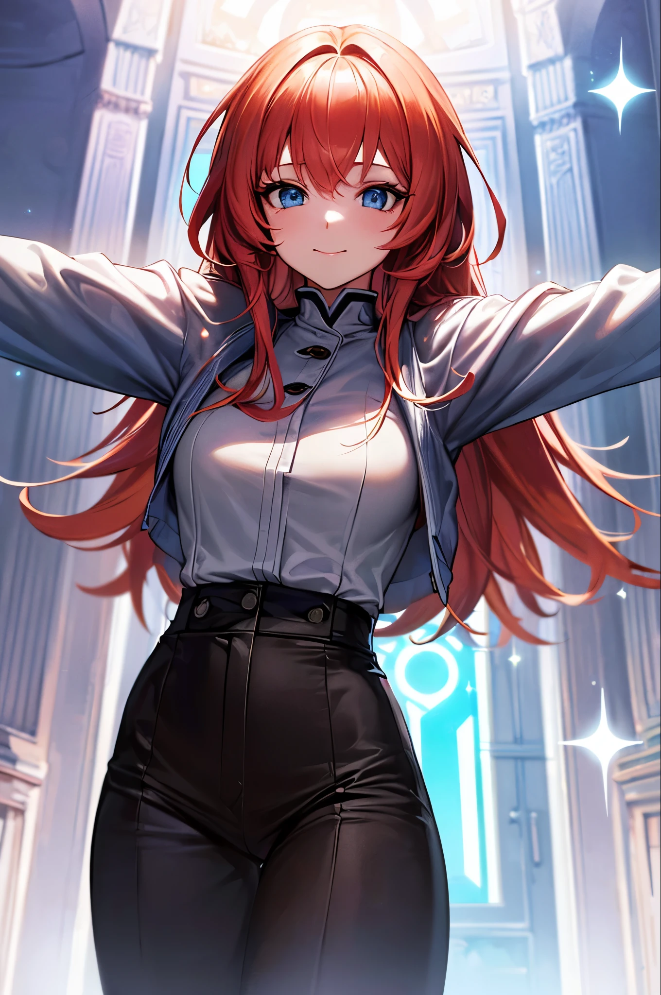 masterpiece, Highest quality, Super detailed, figure,One girl, View your viewers, Highest quality,Depth of written boundary,(Mouth closed,A light smile,blue eyes:1.1),Beautiful sparkle , (Sacred clothing:1.3),(Put your hands behind your back:1.3),(Put your arms behind your back:1.3),Flaming (Arknights),