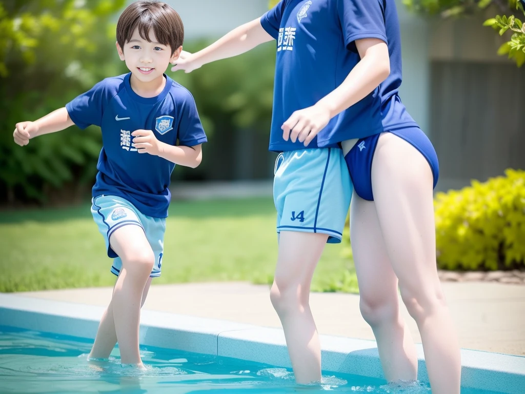夏休みのprimary school校、Pool、primary school5Grade、Japan Boy、The water feels good、hot day、Two Boys、Youth Power、Short sleeve gym uniform、Blue shorts、physical education、barefoot,(Boy 1.4)、Boys only 、(10Age 1.4)