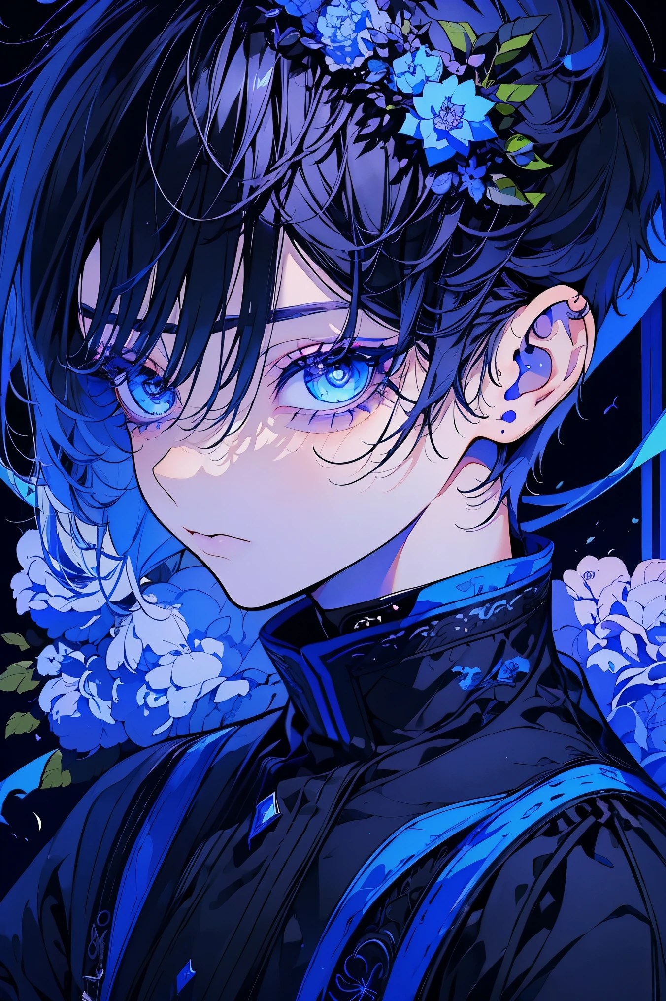(Mastepiece), (Best Quality), Very detailed, 1 boy, Solo Shooting, Perfect Face, Beautiful Face, Very detailed顔,(Black short hair:1.3),(Big eyes:1.4),(Long eyelashes:1.4)、(Blue eyes:1.3)、Lots of flowers