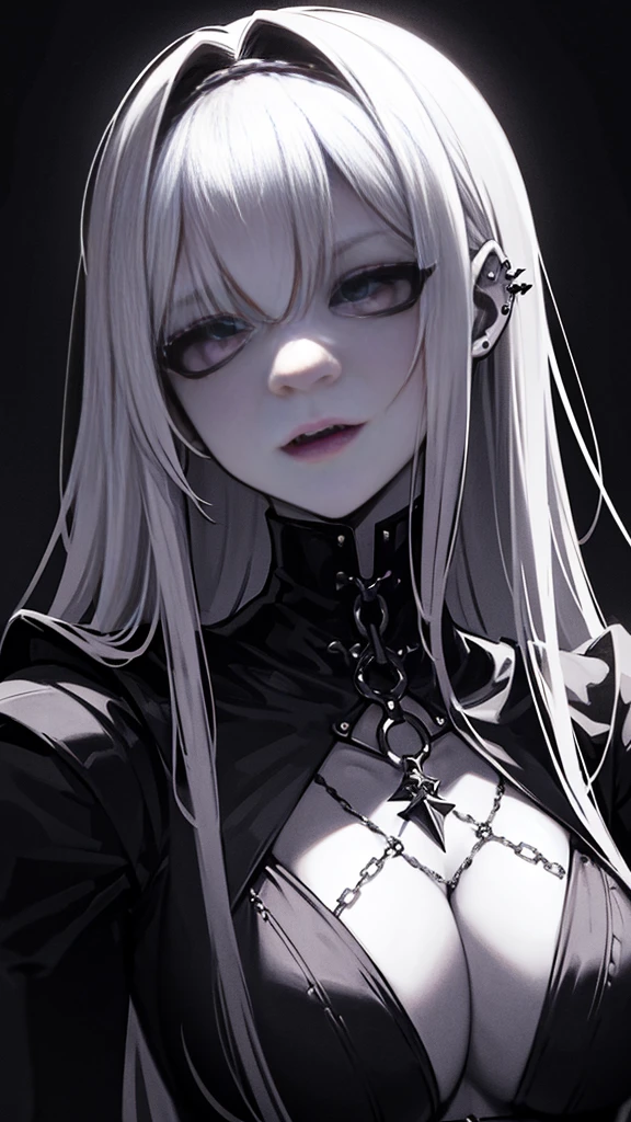 a girl monster, slave, chained, beautiful, detailed portrait, delicate facial features, piercing eyes, sharp fangs, pale skin, thick chains, dark background, cinematic lighting, dramatic shadows, gothic style, moody atmosphere, dark fantasy, high contrast, muted colors