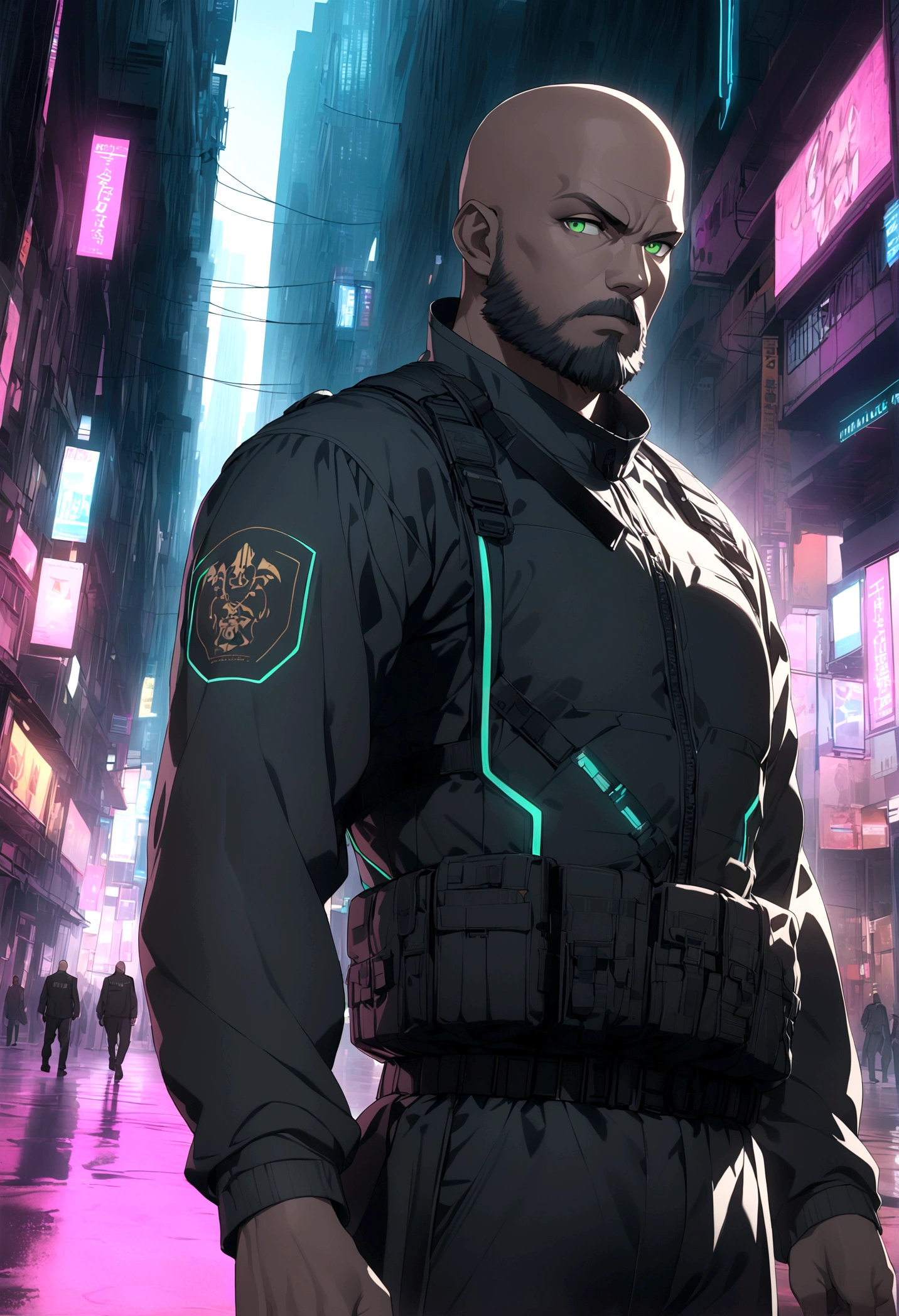 (masterpiece, 32k, 8k, cgi, cyberpunk effect), man, 46 years old, tanned black skin, deep green eyes, serious expression, bald, black SWAT uniform, cyberpunk city setting, black beard