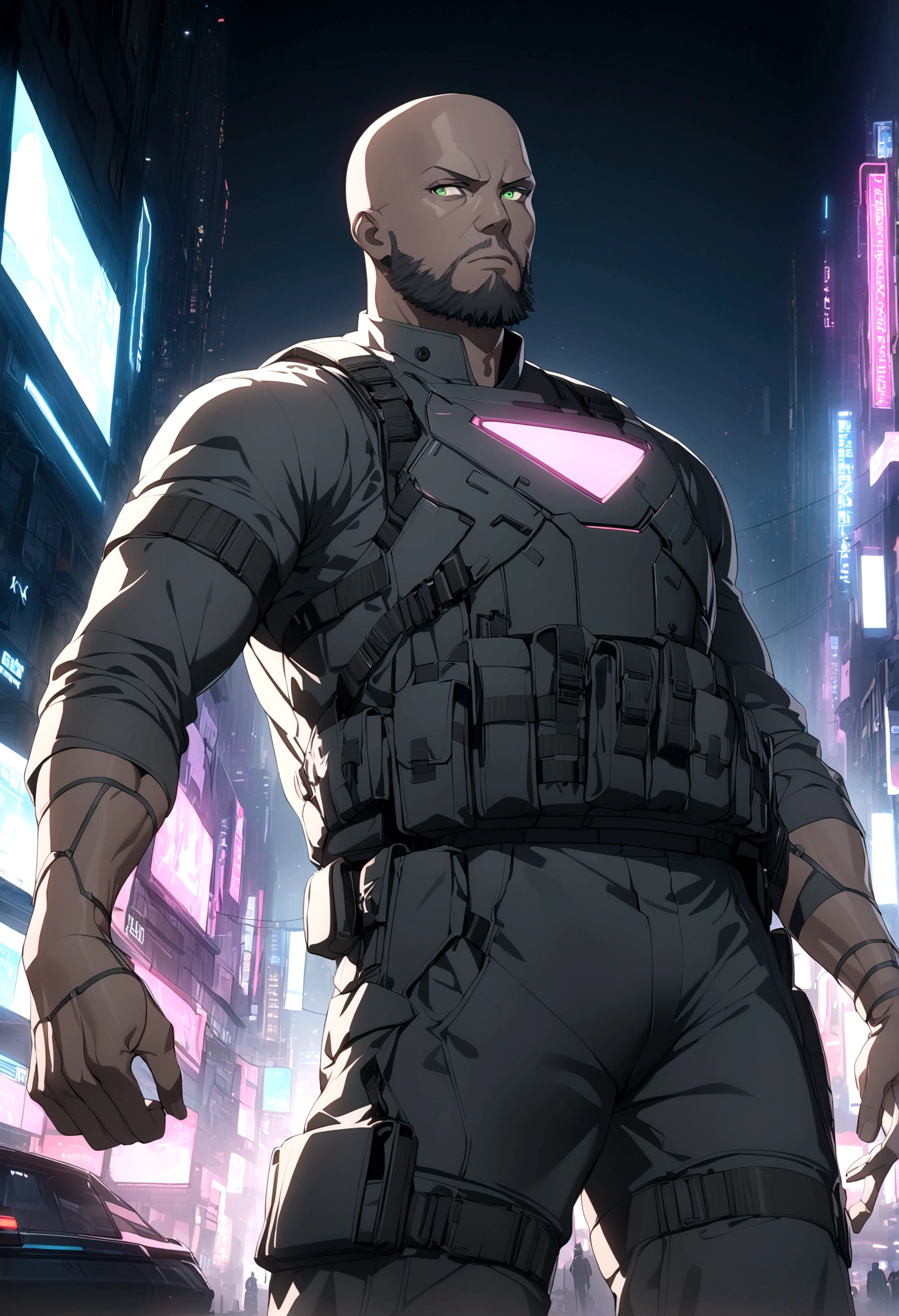 (masterpiece, 32k, 8k, cgi, cyberpunk effect), man, 46 years old, tanned black skin, deep green eyes, serious expression, bald, black SWAT uniform, cyberpunk city setting, black beard