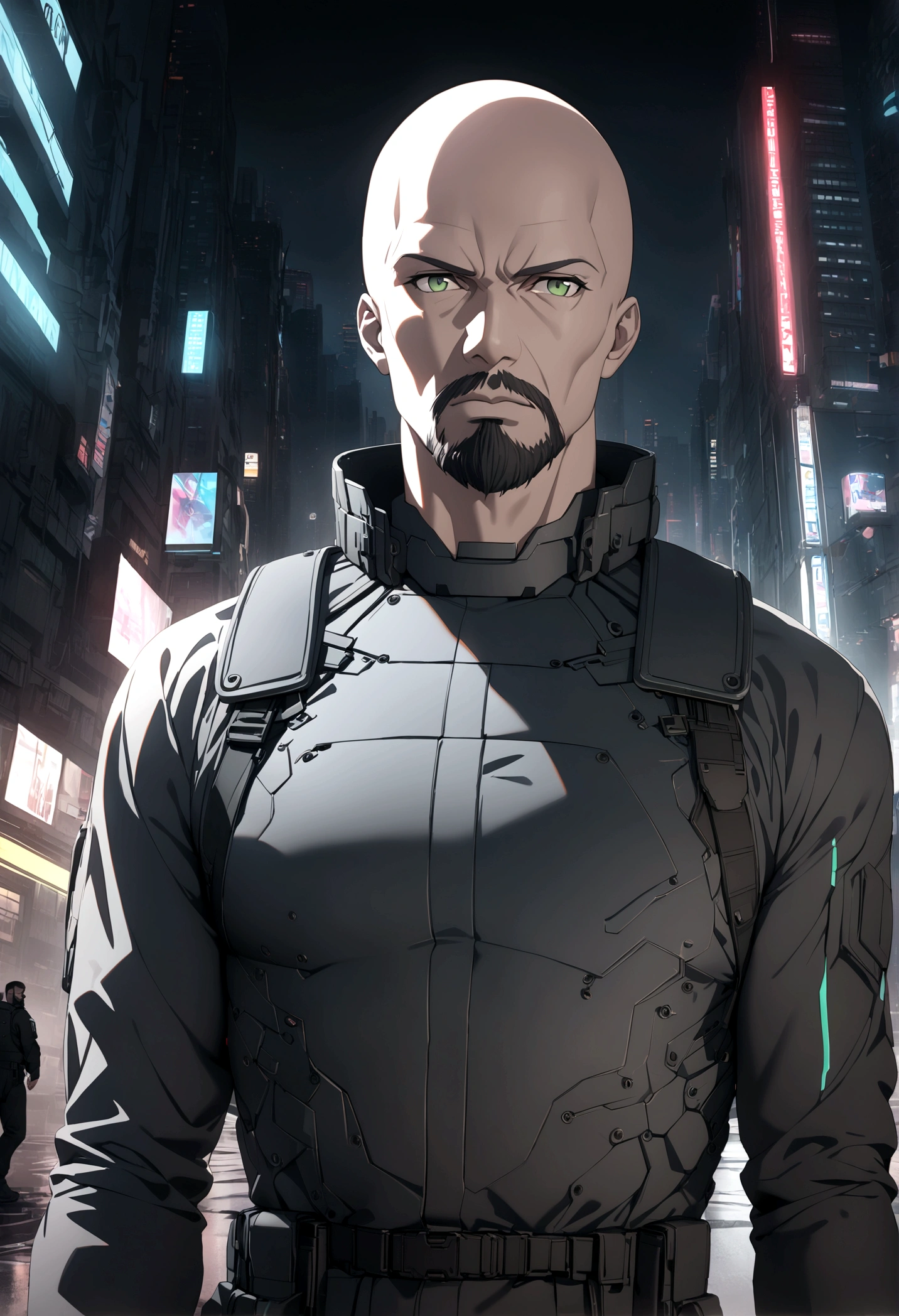 (masterpiece, 32k, 8k, cgi, cyberpunk effect), man, 46 years old, tanned black skin, deep green eyes, serious expression, bald, black SWAT uniform, cyberpunk city setting, black beard
