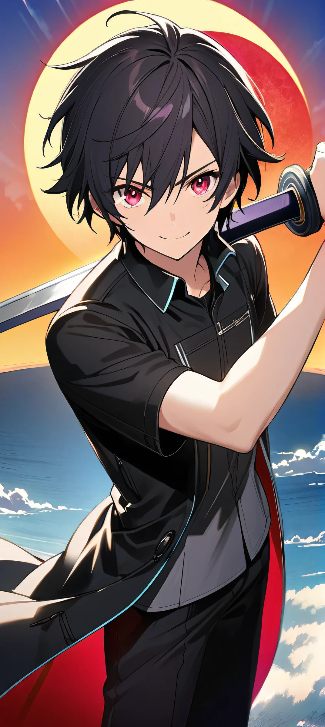 Keqing \(AKB0048 Next Stage\), (short hair), (black hair), (ruby red eyes):1.2, (male), (swordsman), (black plain shirt), (pants), (long coat), (smiling gently), ((ultra-detailed)), ((illustration)), ((neat hair)), (beautiful detailed eyes), (male), (1man), (standing), (holding a sword), ((sun, sky)), looking at viewer