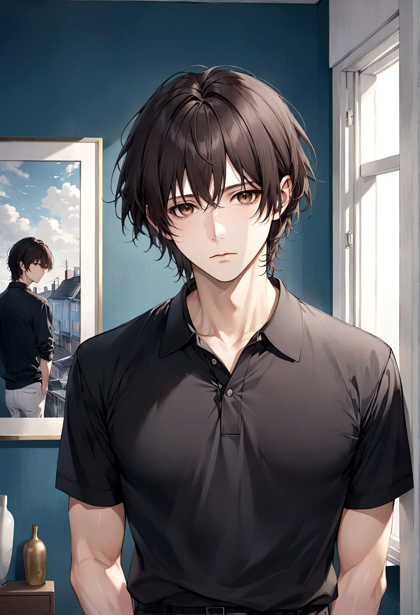 (Men's black polo shirt), ), (Few whiskers,) Serious and attractive appearance, Dark brown hair,(Light brown eyes), Elegant and stylish, Shaven, A man who resembles actor Jim Morrison, (Realistic and high quality images), Scandinavian apartment with blue wall paint background, ((Best Quality, 8K, masterpiece)、Tokugawa Ieyasu