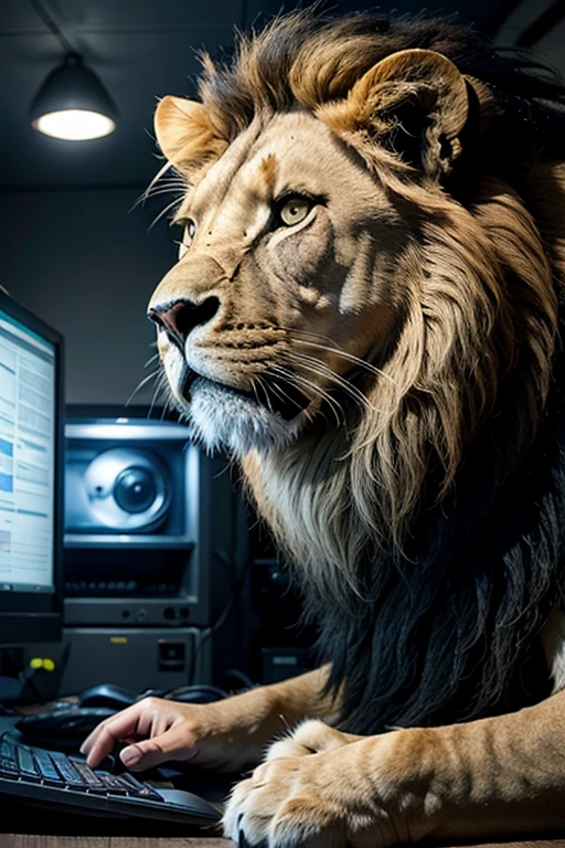 AN IMPOSING LEADING LION TWISTING A COMPUTER