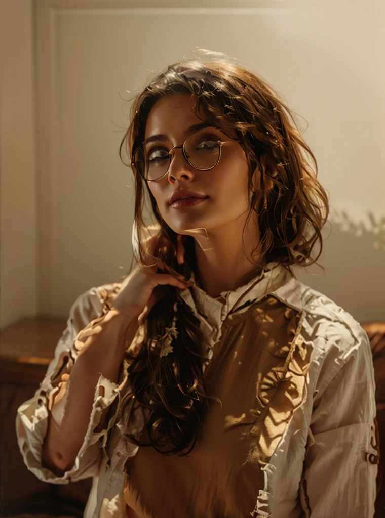 a middle aged woman, brown and curly hair, wearing prescription glasses, wearing a casual but sensual outfit while resting in your bed