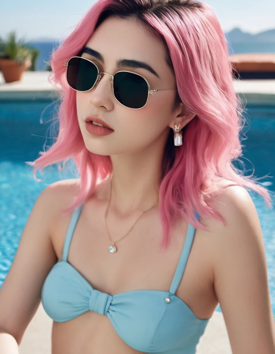 a Minimalist journey，blingbling，Aerial View,woman,with long pink hair,( dress, sunglasses,) pool, sky blue color, bikini, water, shoulders, music video, youtube, screenshot, dua lipa, , behind view , ultrarealistic, detailed" "female, fashion, summer, stylish, glamour, elegant, trendy, chic, model, leisure" "luxury, poolside, tropical, vacation, relaxation, sunlight, reflection, water droplets, fashionista, modern,long hair
