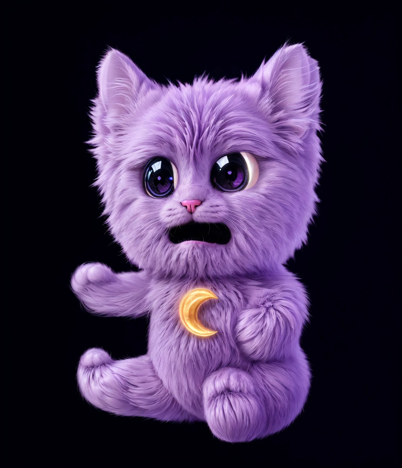 The image features a purple cat with large, expressive eyes and a yellow crescent moon on its chest, chubby cat, fluffy cat, purple cat, shiny purple cat, super fluffy 3d purple cat with reflections, beeple and jeremiah ketner, adorable digital painting, 3 d icon for mobile game, 3 d littlest pet shop cat, cat cat dreamcats, cat from the void, normal map, cute detailed digital art, cats cat dreamcats, cat. digital painting, cute 3 d render, multiple light sources, rim light, sharp post effects render, (fluffy fur texture with multiple big light probe refractions), perfect cgi, cgi art, smooth silhouette, high intensity refraction, (mesh material), most beautiful vfx, blue background, mesh refractions. It in 4k resolution, allowing viewers to immerse themselves in the richness of the colors and intricate details. The realistic rendering. under the spotlight, reflecting, high-resolution image, realistic rendering, dark background, and rim light photorealistic, The background is black