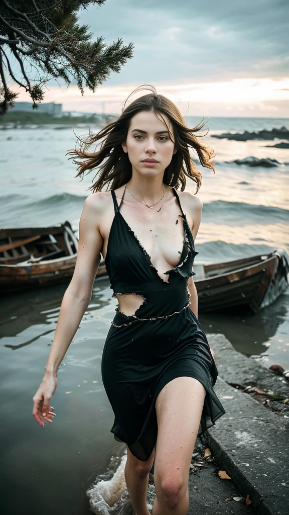 hyper realistic, close up, hyper realistic, reference sheet: 1.8, great details, high quality, masterful work, a beautiful girl walks along the surface of the water at dusk, gloomy atmosphere, wet dress, gloomy background, River, stones, Dry trees, girl in a wet dress, barefoot, оголённые legs, got lost, girl in search, in a torn dress, torn clothes, torn fabric, pieces of cloth, came ashore after a shipwreck, shipwrecks float in the distance, wounds and abrasions on the body, идет и limps, in search of accommodation and food, a seriously wounded girl in scraps of dress and torn fabric, holds the wet hem of her dress with one hand, wounded body, seriously wounded girl can barely walk, blood из раны, blood, Twilight, sunny goes beyond the horizon, it's getting dark , limps, low horizon, anatomy, legs, правильная anatomy ног, legs в воде, правильная anatom