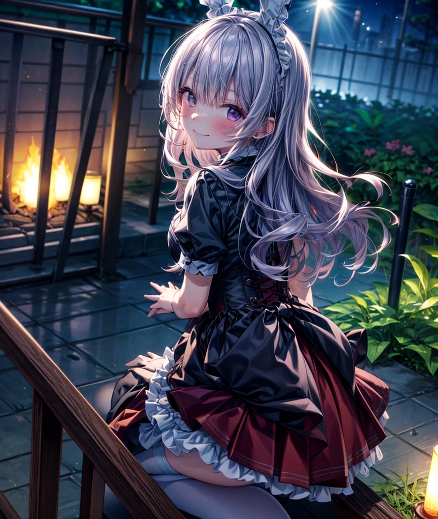 masterpiece、Highest quality, One Girl, alone, Colorful hair、Long Hair,Purple eyes、 big, bunny, Bunny ears, corset, uniform, apron, choker, Red Skirt,corolla、Short sleeve, White thighs、garden、Wooden fence、Sitting on the fence、turn around、back、blush、Five Fingers、Wink with one eye、smile、8K、Very detailed、Butt Emphasis