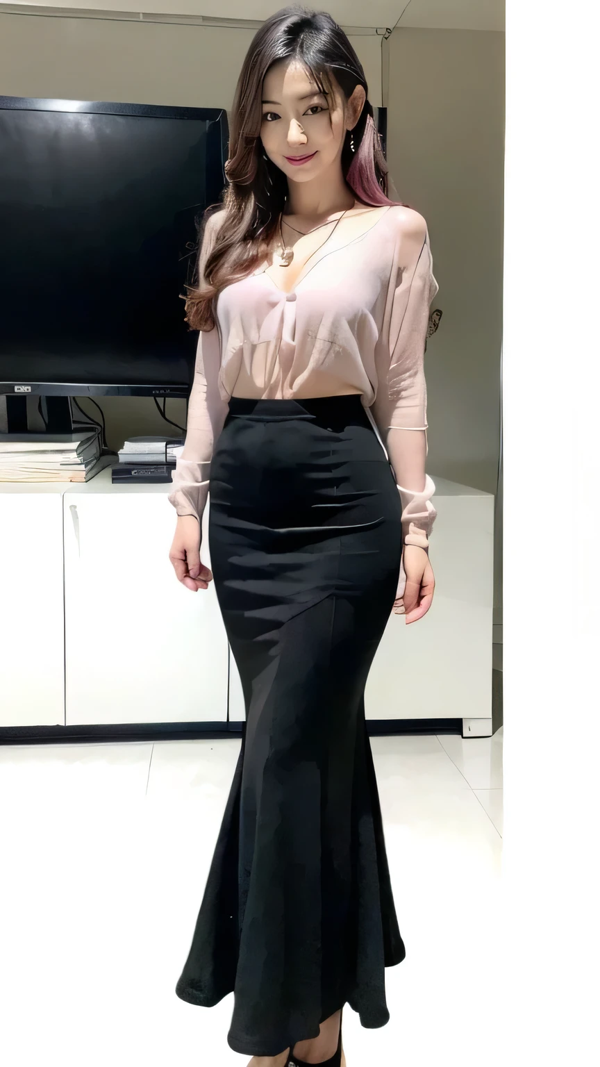(Woman in office:1.3、The background is the office)(Realistic、Like a photograph、Live Action、8K, Realistic, RAW Photos, Best image quality: 1.4), Single-lens reflex camera、RAW Photos, Highest quality, Realistic, Very detailed CG Unity 8k wallpaper, Written boundary depth, Cinematic Light, Lens flare, Ray Tracing, Realistic background、(Black long sleeve blouse:1.4、Mermaid Skirt:1.1,Long skirt:1.1、Small breasts:1.37、((Wear a name tag around your neck)))、((ultra high density skin))、 female,Cute Japanese Woman、Japanese office lady at work、((whole body:1.5),View the computer:1.1、smile、Pink inner color hair、Long Hair:1.2、Half Up Hair、I like that style、stylish、Very detailed、Pay attention to the details、Perfect outfit、(Sunburned skin)、Beautiful feet:1.1,Anatomically correct body、Are standing、Side view