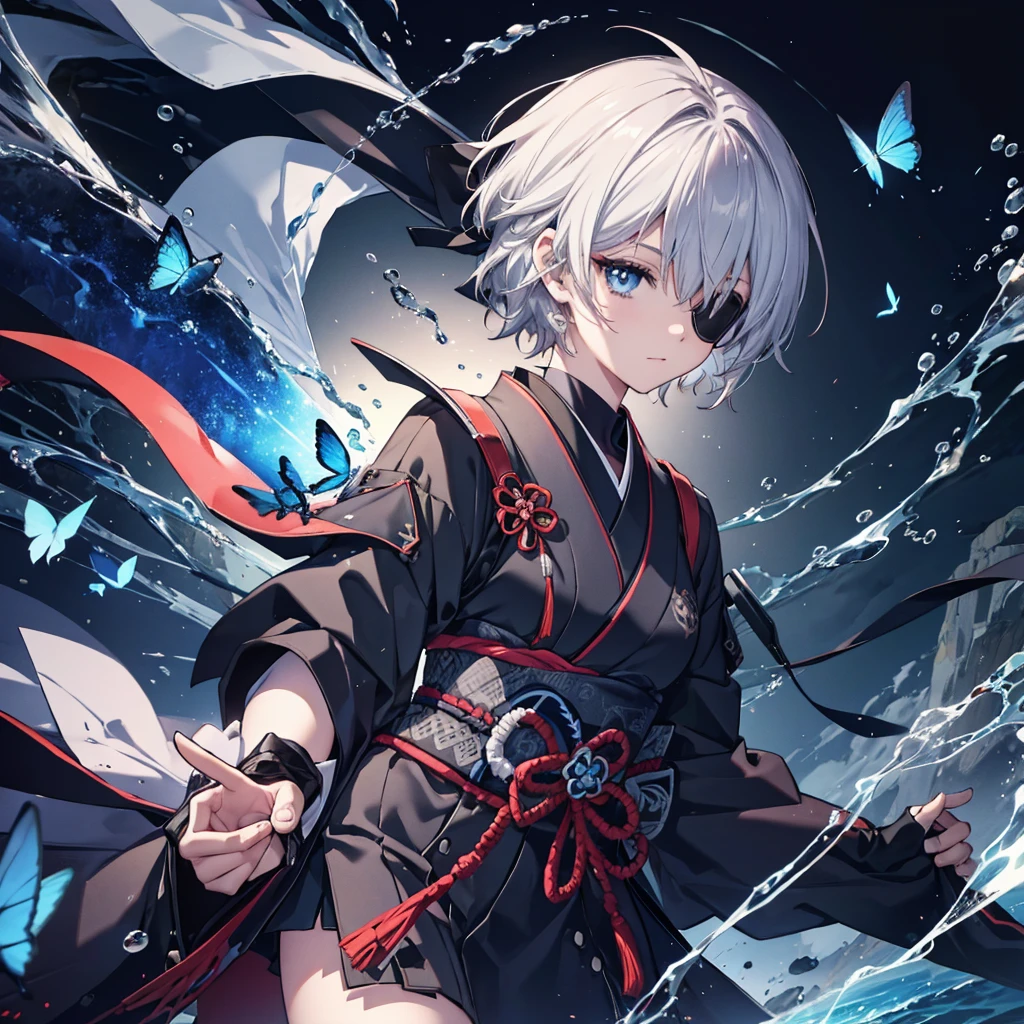 (((1 person Put on an eye patch Gray Hair))) ((High resolution short hair Black kimono Shoulder Rin々Funny face knifeを胸の前で構える)) ((Black Band samurai Lonely despair blue eyes Close-up)) ((Blue Butterfly night Japanese style old Shining Aura garden water surface Catch the wind)) (dance 日本knife knife Slashing) 月night moonlight star Draw your sword Shining Background Shining Edge