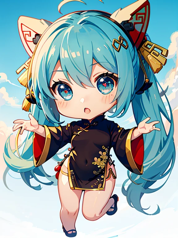 (China dress:1.5), Hatsune Miku, (chibi:1.5), full body, Big Eyes, sing, (masterpiece), highest quality