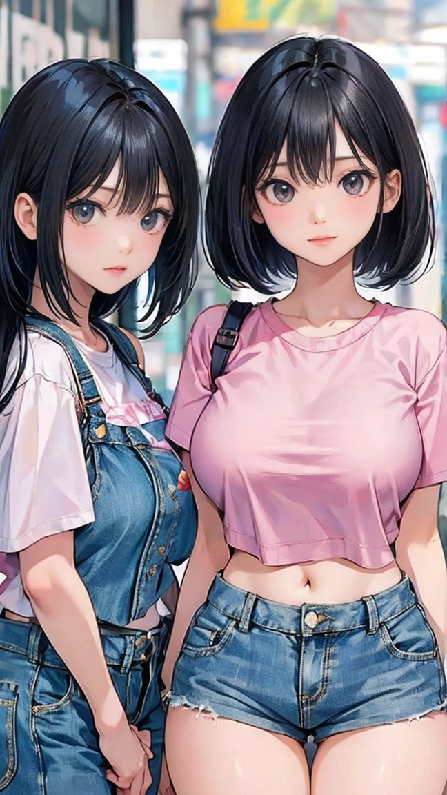 21yo cute girl,black hair, (bob hair). Wearing pink t-shirt, denim short pants, natural medium breast, show big thigh, plump body, squad pose, looking forward, gray backgound