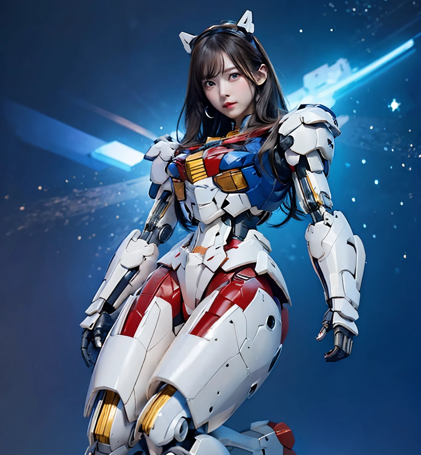 Textured skin, Super Detail, Attention to detail, high quality,high quality, High resolution, 1080p, hard disk, beautiful,(Gundam Aerial),Beautiful cyborg woman,Mecha Cyborg Girl,battle mode,Girl with a mechanical body,She wears a futuristic Gundam mecha,Full Body Shot