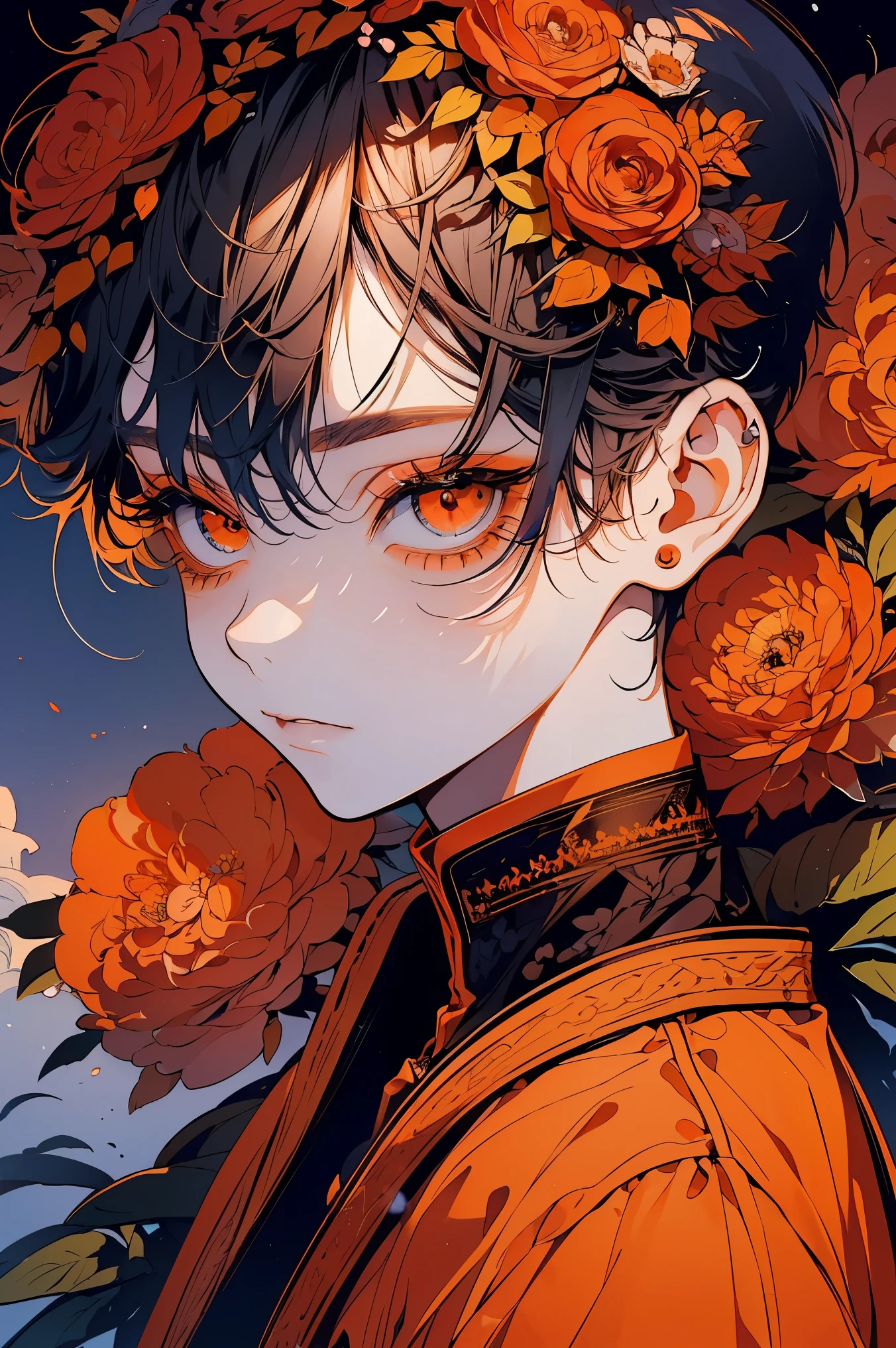 (Mastepiece), (Best Quality), Very detailed, 1 boy, Solo Shooting, Perfect Face, Beautiful Face, Very detailed顔,(Orange short hair:1.3),(Big eyes:1.4),(Long eyelashes:1.4)、(Orange eyes:1.3)、Lots of flowers