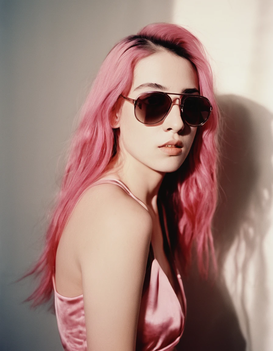 a woman  with long pink hair, standing in front of a wall with a light shining on her face, photography of todd hido, dramatic light 8 0 mm camera, todd hido, shot on large format film camera, medium format. soft light, todd hido photography, studio medium format photograph, photo taken with provia 1967, subtractive lighting, hasselblad photograph,Aerial View,woman,with long pink hair,( dress, sunglasses,) pool, sky blue color,bikini, water, shoulders, music video, youtube, screenshot, dua lipa, long hair 