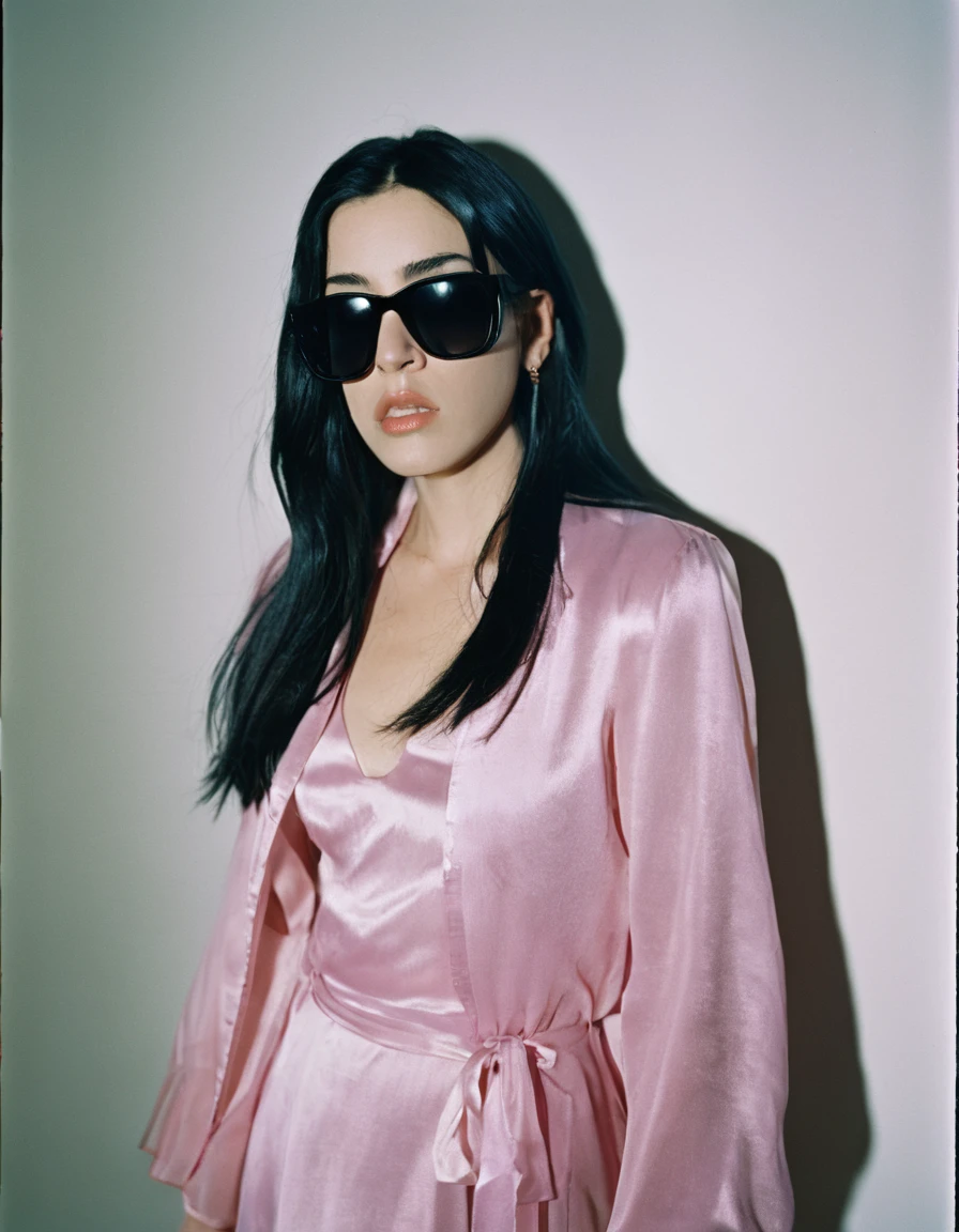 a woman with long pink hair, standing in front of a wall with a light shining on her face, photography of todd hido, dramatic light 8 0 mm camera, todd hido, shot on large format film camera, medium format. soft light, todd hido photography, studio medium format photograph, photo taken with provia 1967, subtractive lighting, hasselblad photograph,Aerial View,woman,with long pink hair,( dress, sunglasses,) pool, sky blue color,bikini, water, shoulders, music video, youtube, screenshot, dua lipa, long hair