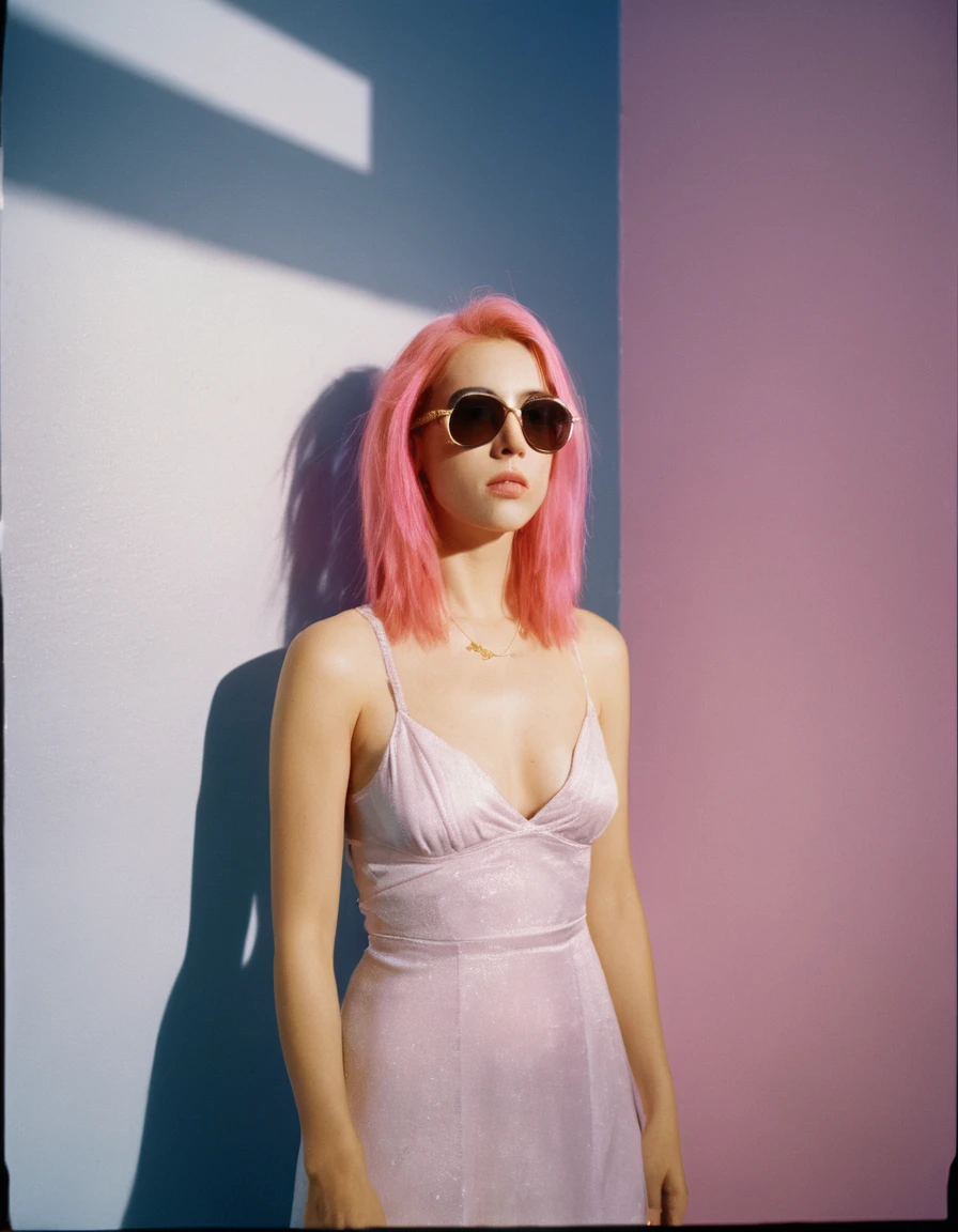 a woman  with long pink hair, standing in front of a wall with a light shining on her face, photography of todd hido, dramatic light 8 0 mm camera, todd hido, shot on large format film camera, medium format. soft light, todd hido photography, studio medium format photograph, photo taken with provia 1967, subtractive lighting, hasselblad photograph,Aerial View,woman,with long pink hair,( dress, sunglasses,) pool, sky blue color,bikini, water, shoulders, music video, youtube, screenshot, dua lipa, long hair 