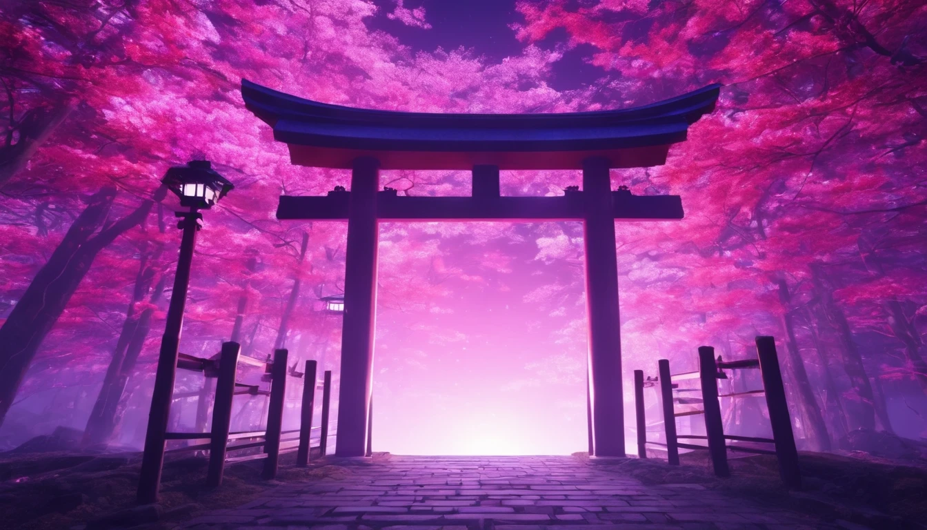 Shrine torii gate、in the center，Very bright color, Particles of light, The light shines, disaster, Wallpaper Art, UHD wallpaper、Background purple、mysterious、Impersonal、