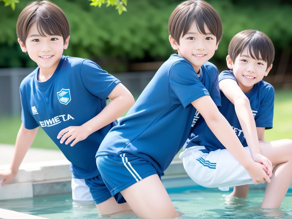 夏休みのprimary school校、Pool、primary school５Grade、Japan Boy、The water feels good、hot day、Two Boys、Youth Power、Short sleeve gym uniform、Blue shorts、physical education、barefoot，（Boy 1.4）、Boys only 、(１０Age 1.４)