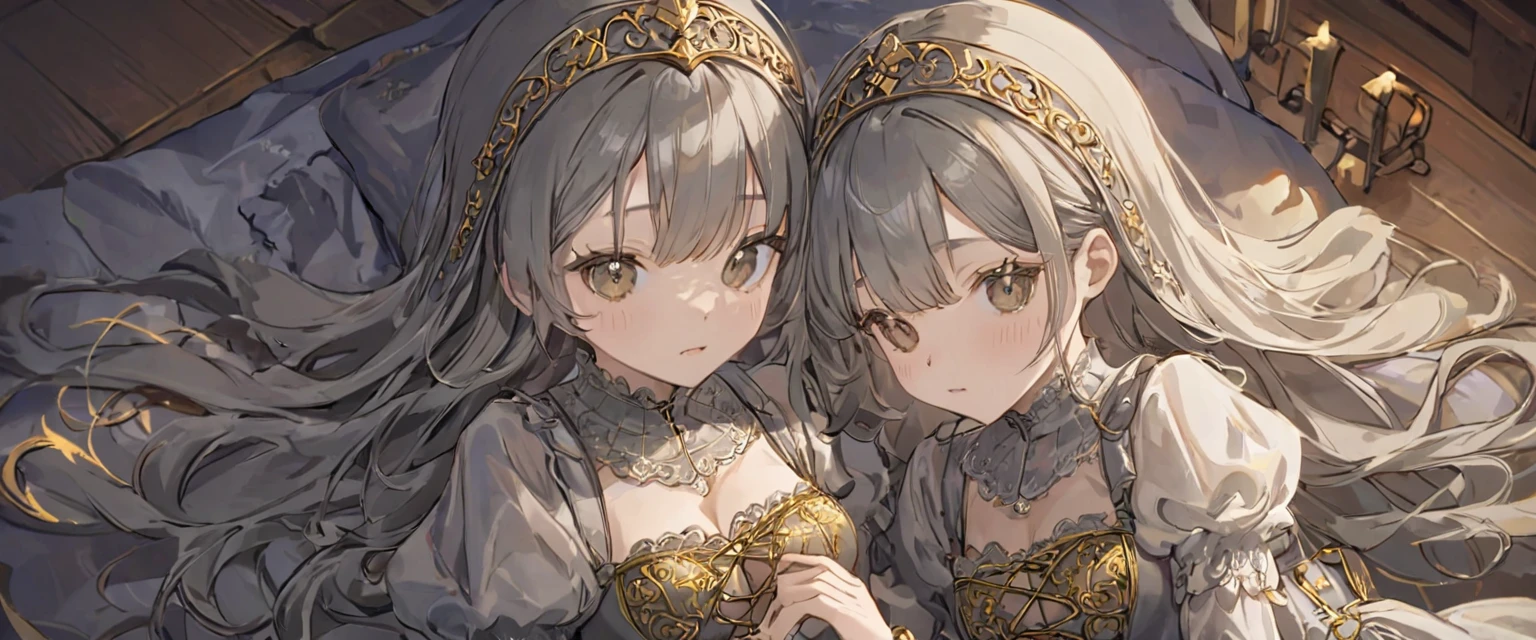 8 year old medieval girl, 1People in underwear、Gold and silver thread embroidery、Knee-length semi-transparent bloomers(Underwear drawers)Wearing、Wearing a semi-transparent corset、Translucent slip, Grey translucent tights、sleep