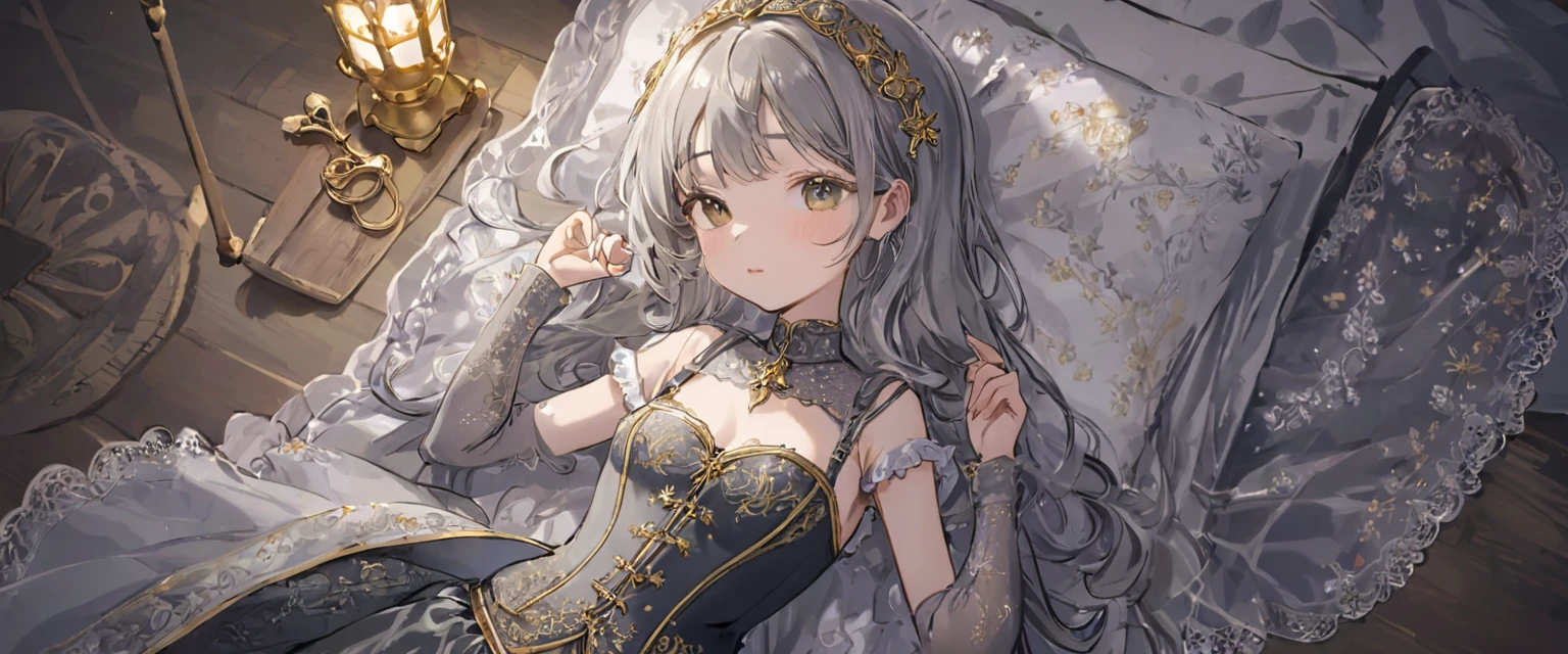 8  medieval girl, １People in underwear、Gold and silver thread embroidery、Knee-length semi-transparent bloomers（Underwear drawers）Wearing、Wearing a semi-transparent corset、Translucent slip, Grey translucent tights、sleep