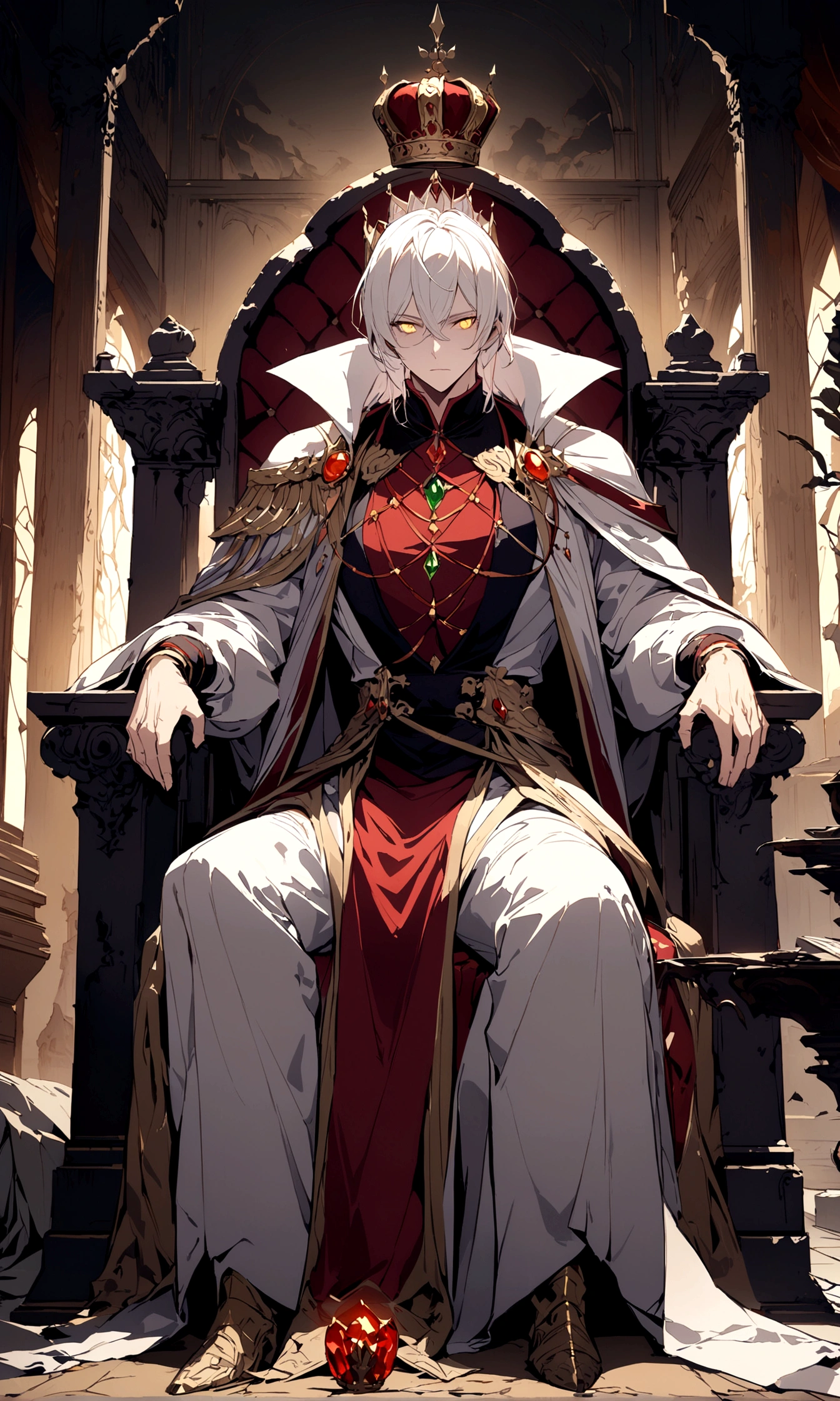 A white-haired, golden-eyed prince sits on a majestic throne inside an abandoned palace with crown. The environment around him is dark and gloomy, with cracks in the walls and cobwebs hanging there. The throne is ornate, with details in gold and precious stones, and is covered by a dusty cloth. The protagonist is wearing royal clothing, with a determined expression on his face, as he stares at the horizon with glowing golden eyes, masterpiece, best quality, ultra-detailed, illustration, 8k resolution concept art, fantasy art, epic art, concept art wallpaper 4k, deep color, natural lighting. adult, handsome, tall muscular guy, broad shoulders.