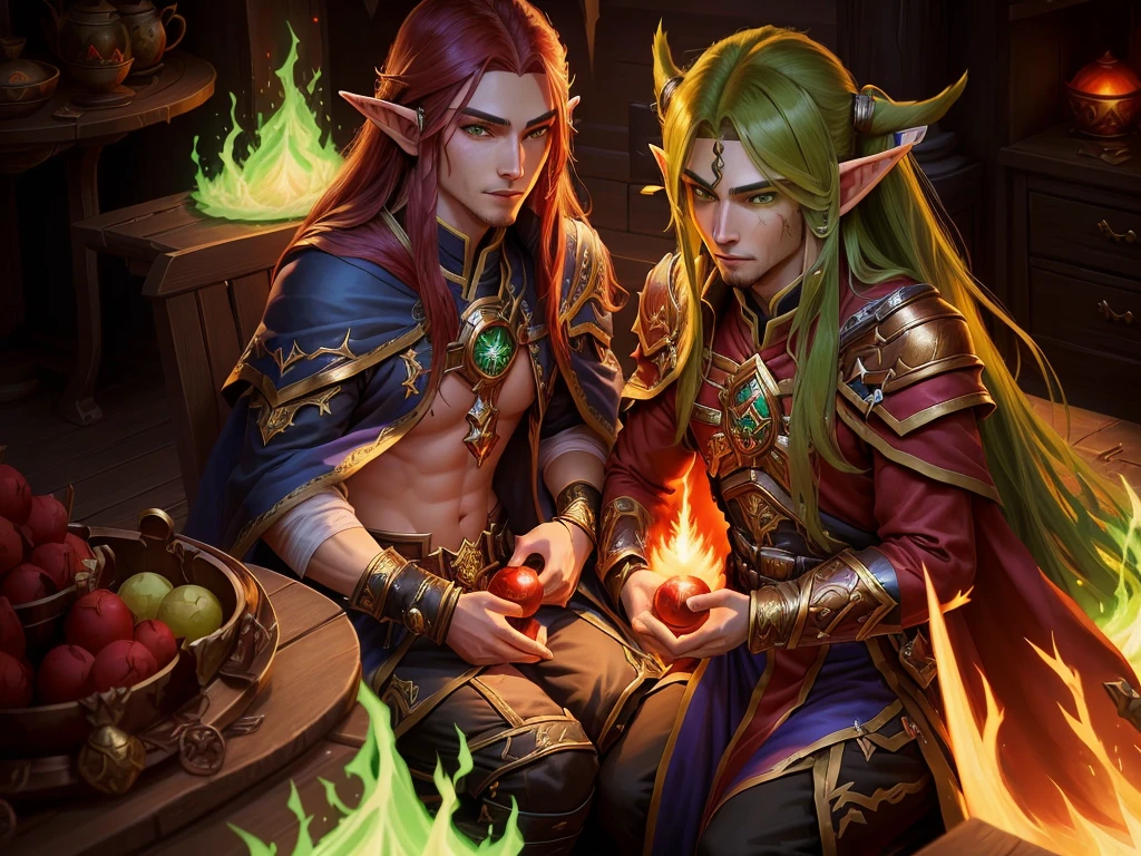 World of Warcraft世界,World of Warcraft,Blood elves,Male Mage,Green eyes,金Long hair,Elf pointed ears,Kael'thas,The background is a burning sky, individual,Elf Man,blonde,Long hair,green glowing eyes,Eyes looking into the distance,Elf pointed ears,Slender body,Wearing a robe with armor,Red armor with gold ornaments,Clench your fists,Flared shoulder armor, Red Gold Plate Armor, Magic Wand, The whole body is surrounded by 3 green flames,The ground is burning,Look up to the sky,Deep eyes