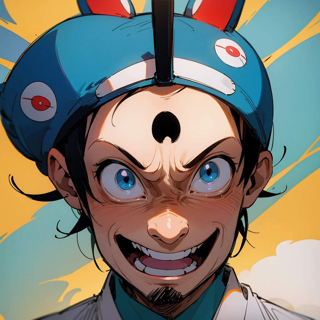 An ugly Japanese man wearing a Doraemon headgear