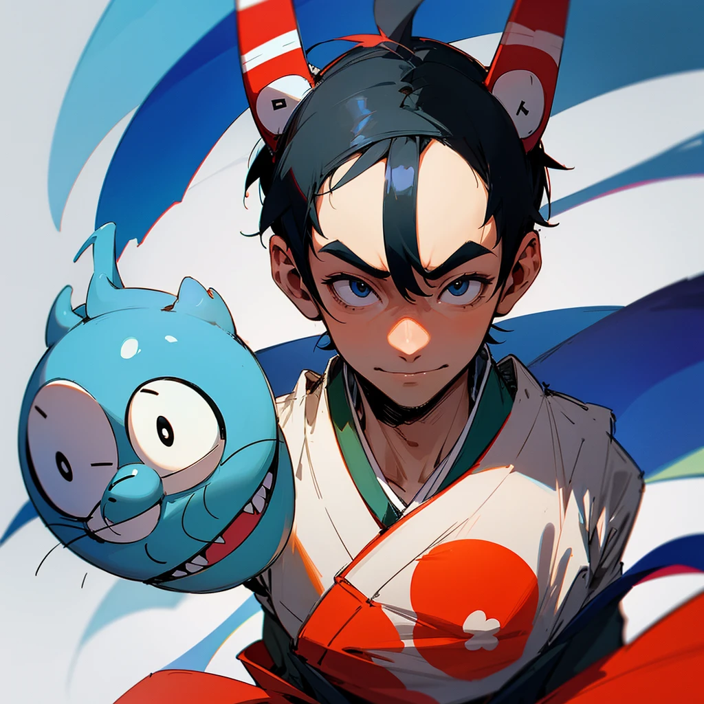 An ugly Japanese man wearing a Doraemon headgear