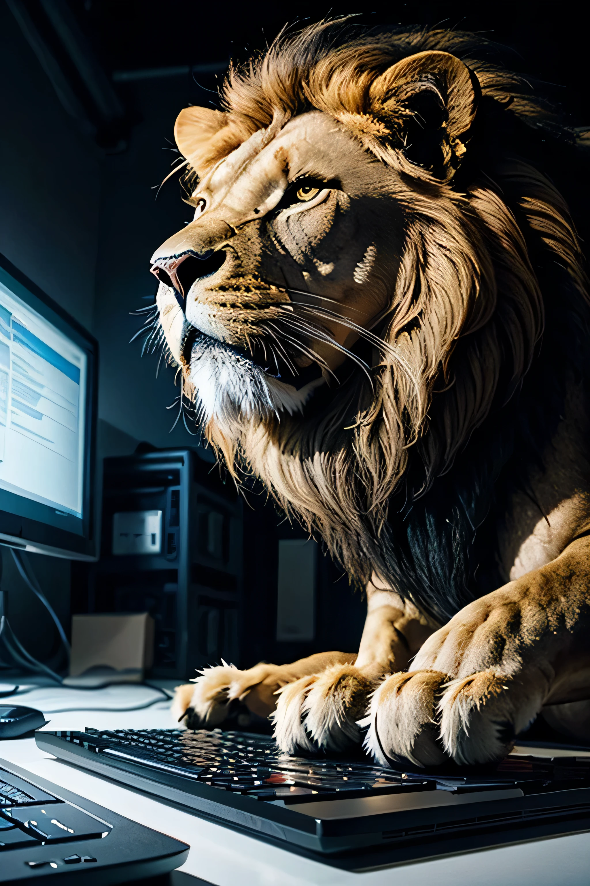 AN IMPOSING LEADING LION TWISTING A COMPUTER