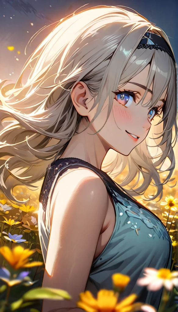 beautiful girl, long grey hair, beautiful face,smiling,close up to hips, beautiful breast, in the middle of flowers field, (open mouth:0.4),illustration,detailed textures(realists),ultra-detailed,portrait style,vivid colors,soft lighting, blushing, mature, hair fluttering, evening light , head band, side profile, half body, looking at viewer, cleavages, wearing beautiful night  sleepwear 