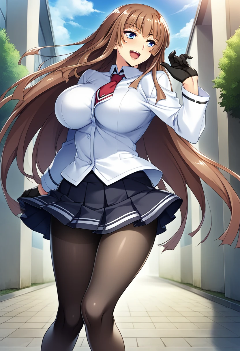 score_9, score_8_up, score_7_up, score_6_up, best quality, source_anime, game cg, beautiful eyes, (aoi nagisa:1.2), BREAK solo, 1girl, koukawa asuka, brown hair, long hair, blue eyes, bangs, (huge breasts:0.8), medium body, (long sleeved blue school jaket:1.1), black gloves, collared white blouse, red tie, black skirt, knee length pleated skirt, black pantyhose, shiny skin, BREAK smile, blush, open mouth, standing, outside, street,