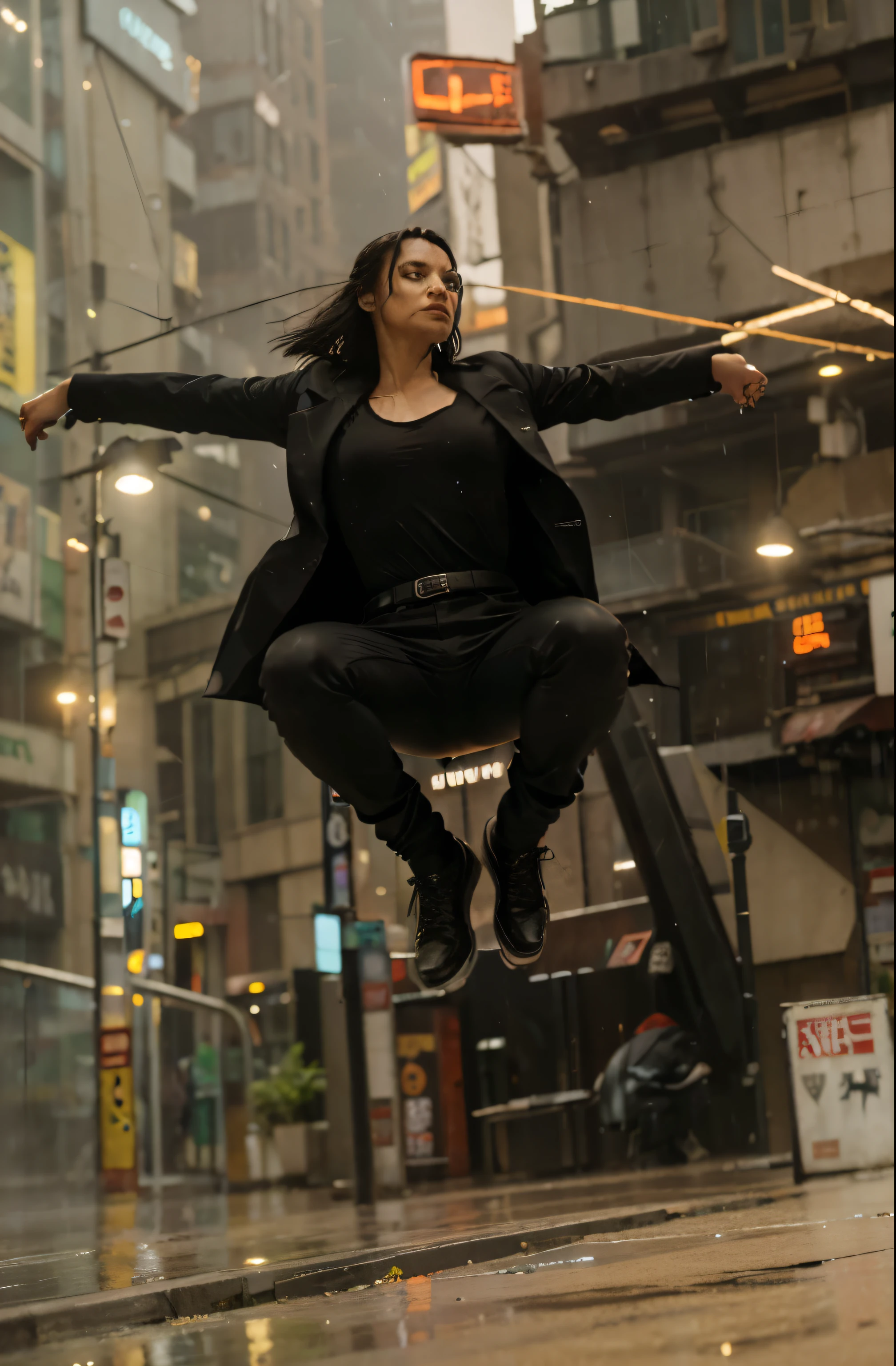 (Best quality, 8k, 32k, Masterpiece, UHD:1.2), "Transform the scene into the iconic Mega City from The Matrix movies. Imagine a sprawling, dystopian urban landscape characterized by its dark, rain-soaked streets and towering skyscrapers. The city is a blend of modern and grimy, with towering buildings clad in reflective glass and steel, interspersed with older, rundown structures. ((jumping)) ((jump))
The streets are eerily quiet, illuminated by the cold, artificial glow of neon signs and streetlights. Rain pours down relentlessly, creating puddles that reflect the myriad lights of the city. The air is thick with an atmosphere of tension and surveillance, suggesting an omnipresent, unseen authority.
Capture the sense of a digital facade overlaying reality, with subtle glitches or anomalies in the environment that hint at the underlying Matrix code. Shadows move unnaturally, and occasional flickers in the lights add to the surreal, almost otherworldly feel of the city.
Highlight the contrast between the sleek, high-tech elements and the grungy, decayed aspects of the urban environment. The scene should evoke a sense of dystopian realism, underscored by the feeling of being trapped within a meticulously controlled, artificial reality.
The overall mood should be dark, foreboding, and filled with the tension of a world where things are not quite what they seem, capturing the essence of Mega City from The Matrix."