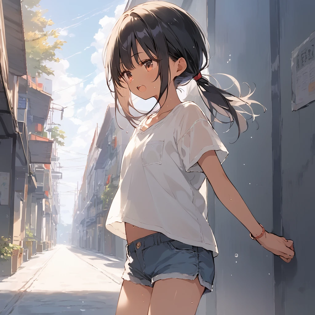 score_9, score_8_up, score_7_up, source_anime, best quality, masterpiece, official art, absurdres, highres, ultra-detailed,waifu2x,Collection: Slice of Life,break,1girl, tomboy, dark-skinned female, short hair, low ponytail, flat chest, beautiful detailed eyes, short shorts, sweat, open mouth, (yawn:0.3), sleepily, outdoors, wind, break,(clear line illustration:1.2),very high resolution, very aesthetic, super detailed skin, Best sexual lighting powered by famous artist, 8k,cute picture,beauty illustration,photoshop_(medium),,(Detailed Lighting),best anime 8k konachan wallpaper, pixiv contest winner,