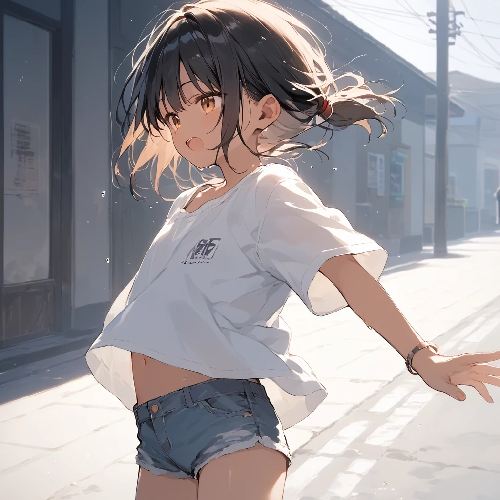 score_9, score_8_up, score_7_up, source_anime, best quality, masterpiece, official art, absurdres, highres, ultra-detailed,waifu2x,Collection: Slice of Life,break,1girl, tomboy, dark-skinned female, short hair, low ponytail, flat chest, beautiful detailed eyes, short shorts, sweat, open mouth, (yawn:0.3), sleepily, outdoors, wind, break,(clear line illustration:1.2),very high resolution, very aesthetic, super detailed skin, Best sexual lighting powered by famous artist, 8k,cute picture,beauty illustration,photoshop_(medium),,(Detailed Lighting),best anime 8k konachan wallpaper, pixiv contest winner,