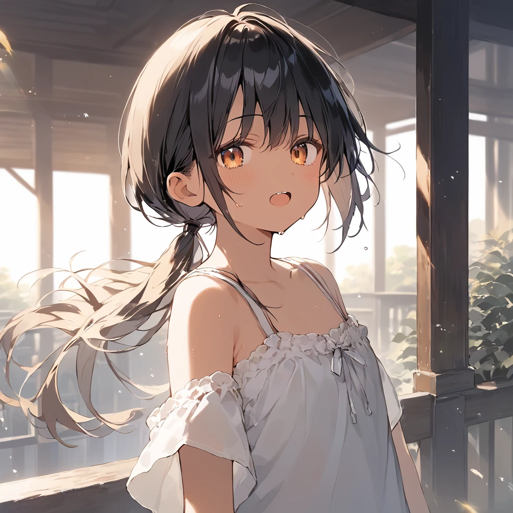 score_9, score_8_up, score_7_up, source_anime, best quality, masterpiece, official art, absurdres, highres, ultra-detailed,waifu2x,Collection: Slice of Life,break,1girl, tomboy, dark-skinned female, short hair, low ponytail, flat chest, beautiful detailed eyes, adventure, sweat, open mouth, (yawn:0.3), sleepily, outdoors, wind, break,(clear line illustration:1.2),very high resolution, very aesthetic, super detailed skin, Best sexual lighting powered by famous artist, 8k,cute picture,beauty illustration,photoshop_(medium),,(Detailed Lighting),best anime 8k konachan wallpaper, pixiv contest winner,