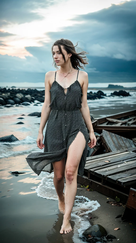 hyper realistic, close up, hyper realistic, reference sheet: 1.8, great details, high quality, masterful work, a beautiful girl walks along the surface of the water at dusk, gloomy atmosphere, wet dress, gloomy background, River, stones, Dry trees, girl in a wet dress, barefoot, оголённые legs, got lost, girl in search, in a torn dress, torn clothes, torn fabric, pieces of cloth, came ashore after a shipwreck, shipwrecks float in the distance, wounds and abrasions on the body, идет и limps, in search of accommodation and food, a seriously wounded girl in scraps of dress and torn fabric, holds the wet hem of her dress with one hand, wounded body, seriously wounded girl can barely walk, blood из раны, blood, Twilight, sunny goes beyond the horizon, it&#39;s getting dark , limps, low horizon, anatomy, legs, правильная anatomy ног, legs в воде, правильная anatom