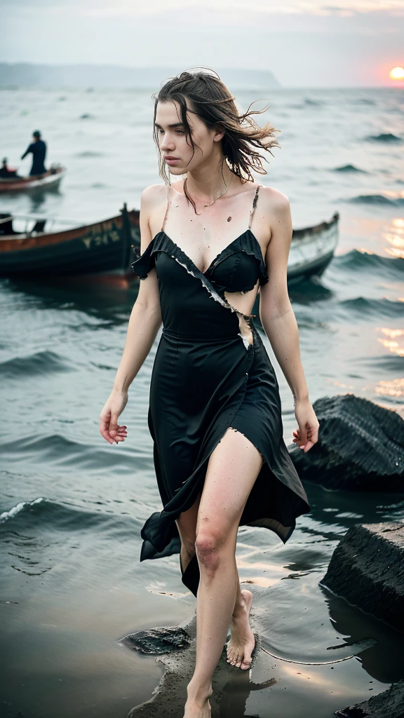 hyper realistic, close up, hyper realistic, reference sheet: 1.8, great details, high quality, masterful work, a beautiful girl walks along the surface of the water at dusk, gloomy atmosphere, wet dress, gloomy background, River, stones, Dry trees, girl in a wet dress, barefoot, оголённые legs, got lost, girl in search, in a torn dress, torn clothes, torn fabric, pieces of cloth, came ashore after a shipwreck, shipwrecks float in the distance, wounds and abrasions on the body, идет и limps, in search of accommodation and food, a seriously wounded girl in scraps of dress and torn fabric, holds the wet hem of her dress with one hand, wounded body, seriously wounded girl can barely walk, blood из раны, blood, Twilight, sunny goes beyond the horizon, it&#39;s getting dark , limps, low horizon, anatomy, legs, правильная anatomy ног, legs в воде, правильная anatom