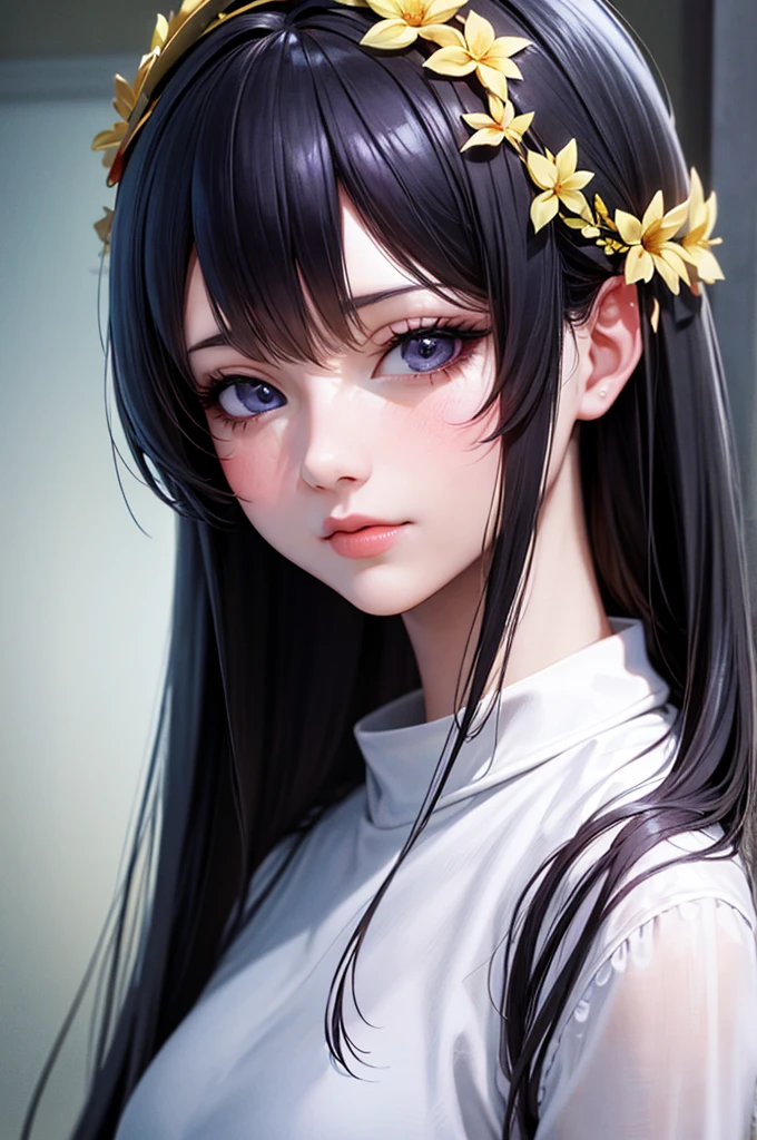 Anime girl with long black hair wearing a white shirt and a flower crown, Beautiful anime portraits, Stunning Anime Face Portraits, Beautiful Anime Girls, Cute realistic portrait, Detailed portrait of an anime girl, Anime Girl Portrait, Realistic Anime 3D Style, realistic Young Anime Girl, Realistic anime art style, Young Anime Girl, Anime realism style, Realistic anime art style  