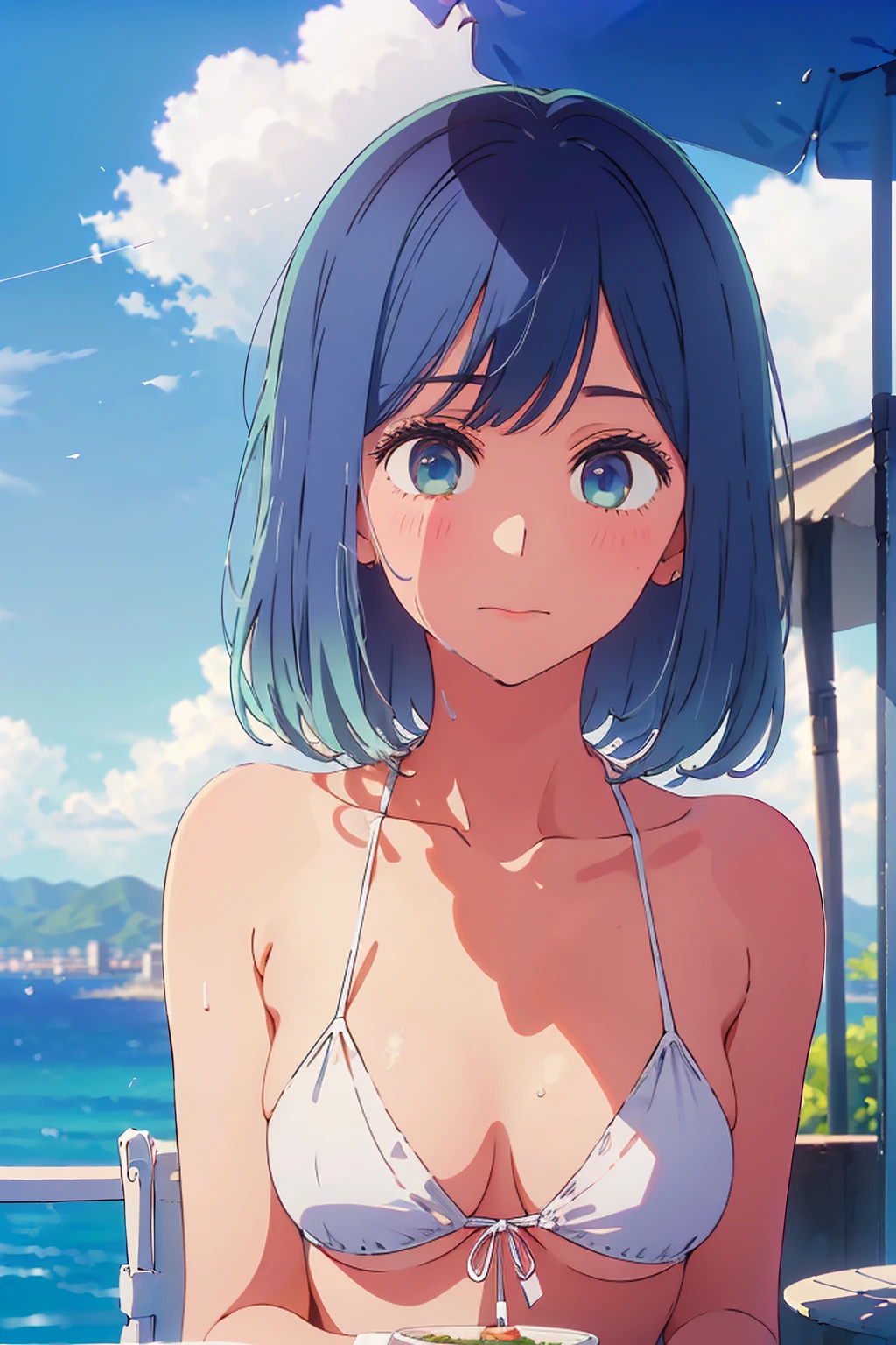 (Highest quality:1.4、8K:1.4、detailed)、F cup bust、Big Breasts、Slim body、Very white beautiful skin、((((1 person、Surprised expression、sit、Chair、In the background are the urban buildings of Tokyo、looking at the camera、Outdoor café terrace、coastal、Navy hair color、juice、Shooting up close、table、Very cute face))))、(She undoes the strings of her white bikini with her hands and takes it off:1.5)、Very blue sky、A completely cloudless sky
