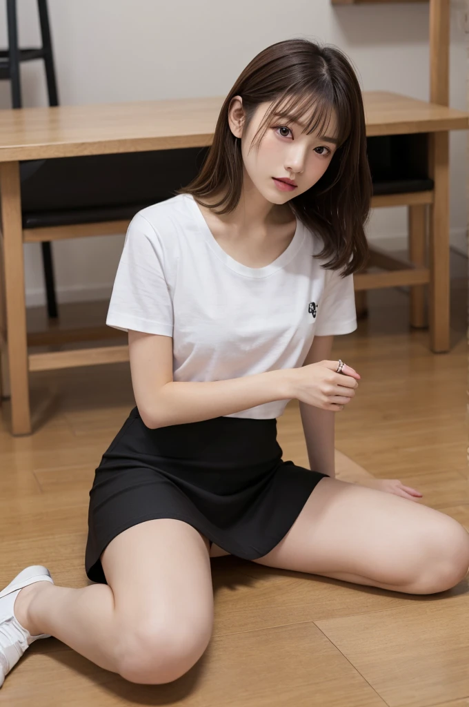 Japanese Beauty、Brown Hair、Barely、Black mini skirt、White T-shirt、indoor、Thighs、White legs、Flooring Triangle sitting