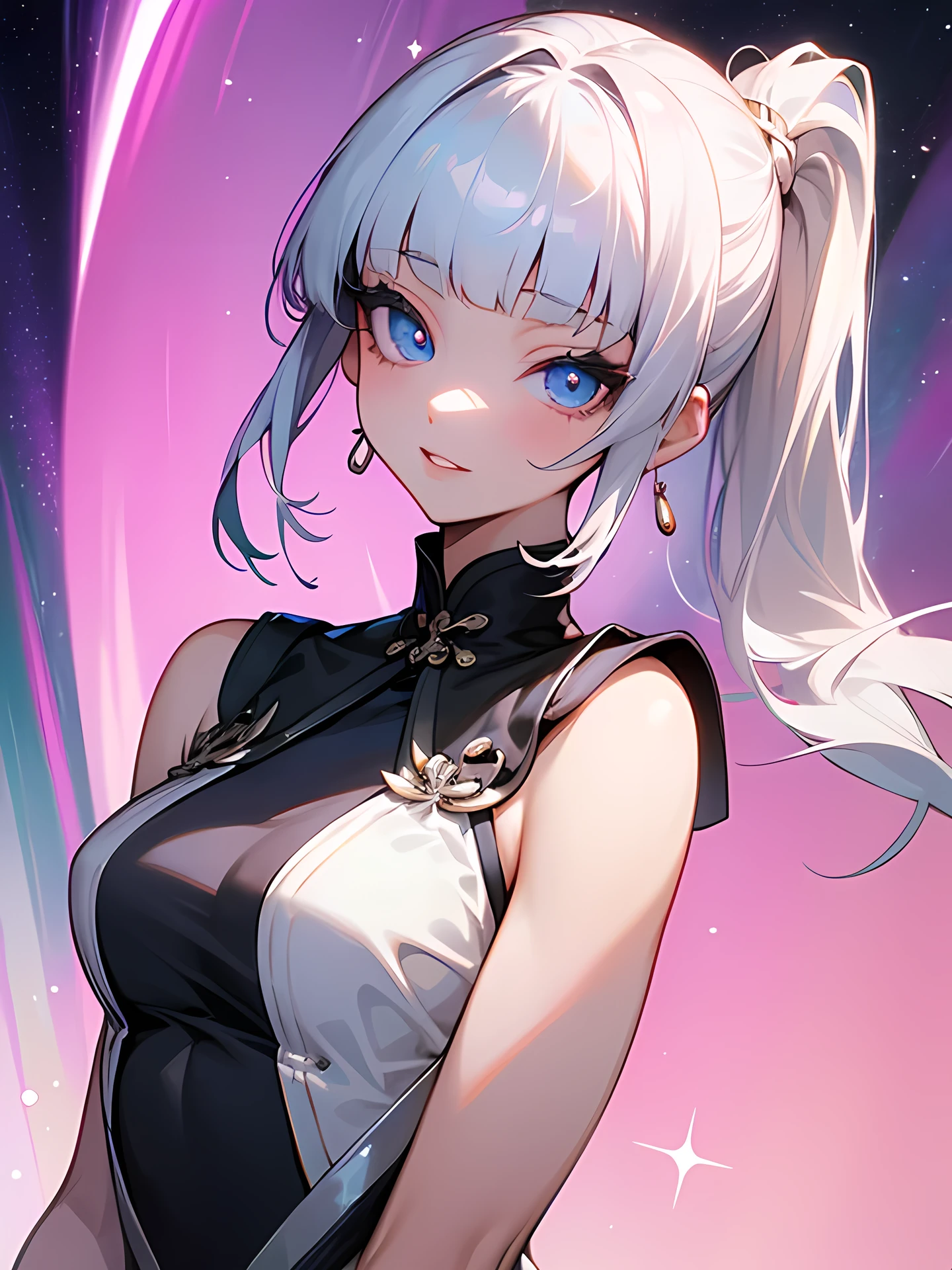 solo,front view,looking at viewer,upperbody,white color hair,(up long ponytail),tsurime,blue clear eyes,(blunt bangs),(Sparkling white aurora dress)、(Fitted dresses)、Thick lips、slender、Attractive facial expression、Eyelashes、Sister's face、grin