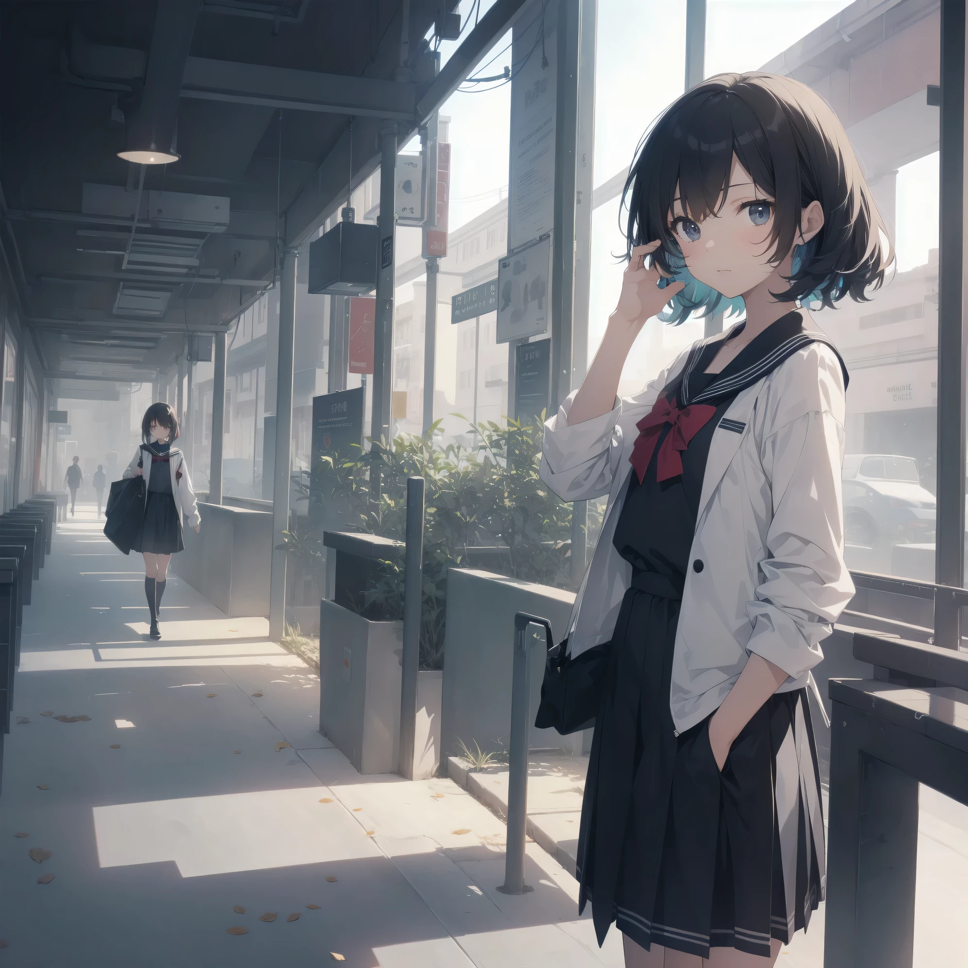 ultra-absurdres-Top quality by artist God, ultra-detailed, high resolution, anime moe artstyle, best anime 8k konachan wallpaper, pixiv contest winner, pool:2810, perfect anatomy,break, 1girl, (Please draw a girl walking sleepily to school alone. )break,(Solo,little female, 13-year-old:1.3),Full limbs, complete fingers,a junior high school student, (very short hair), short cut, flat chest, , small butt, small black eyes, beautiful detailed eyes, well-proportioned iris and pupils, expressive eyes, highres detailed hair, soft expression, salor school_uniform, sailor collar, serahuku, bow, pleated skirt,(Detailed Lighting), (Detailed background), in the School commute route. break,super detailed skin, Best cinematic lighting powered by famous artist, 8k,beauty illustration,photoshop_(medium),very aesthetic,break,((artist:wa_(genryusui) )), artist:clamp ,artist:carnelian ,artist:kantoku ,