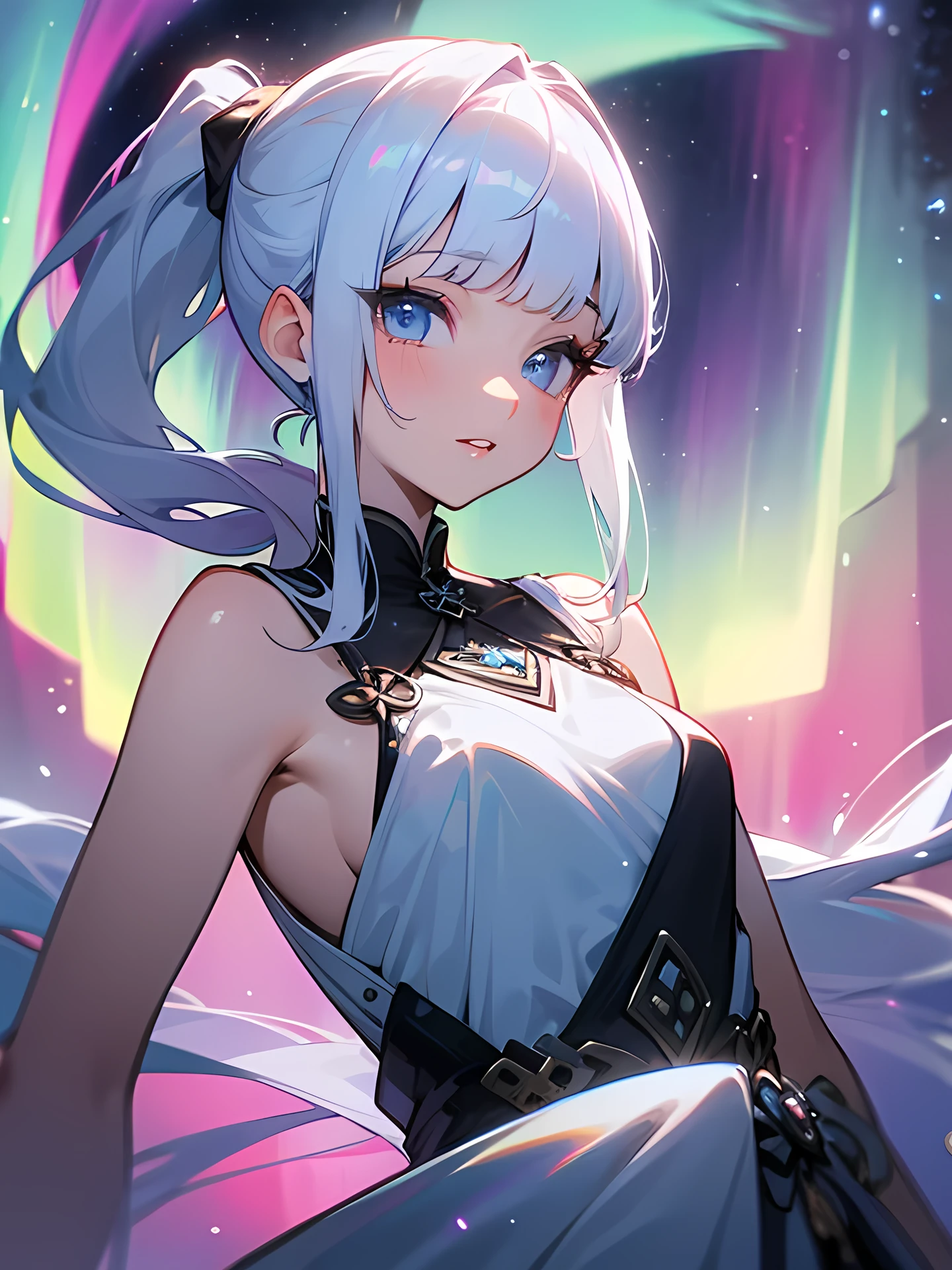 solo,front view,looking at viewer,upperbody,white color hair,(up long ponytail),tsurime,blue clear eyes,(blunt bangs),(Sparkling white aurora dress)、(Fitted dresses)、Thick lips、slender、Attractive facial expression、Eyelashes、Sister's face、grin